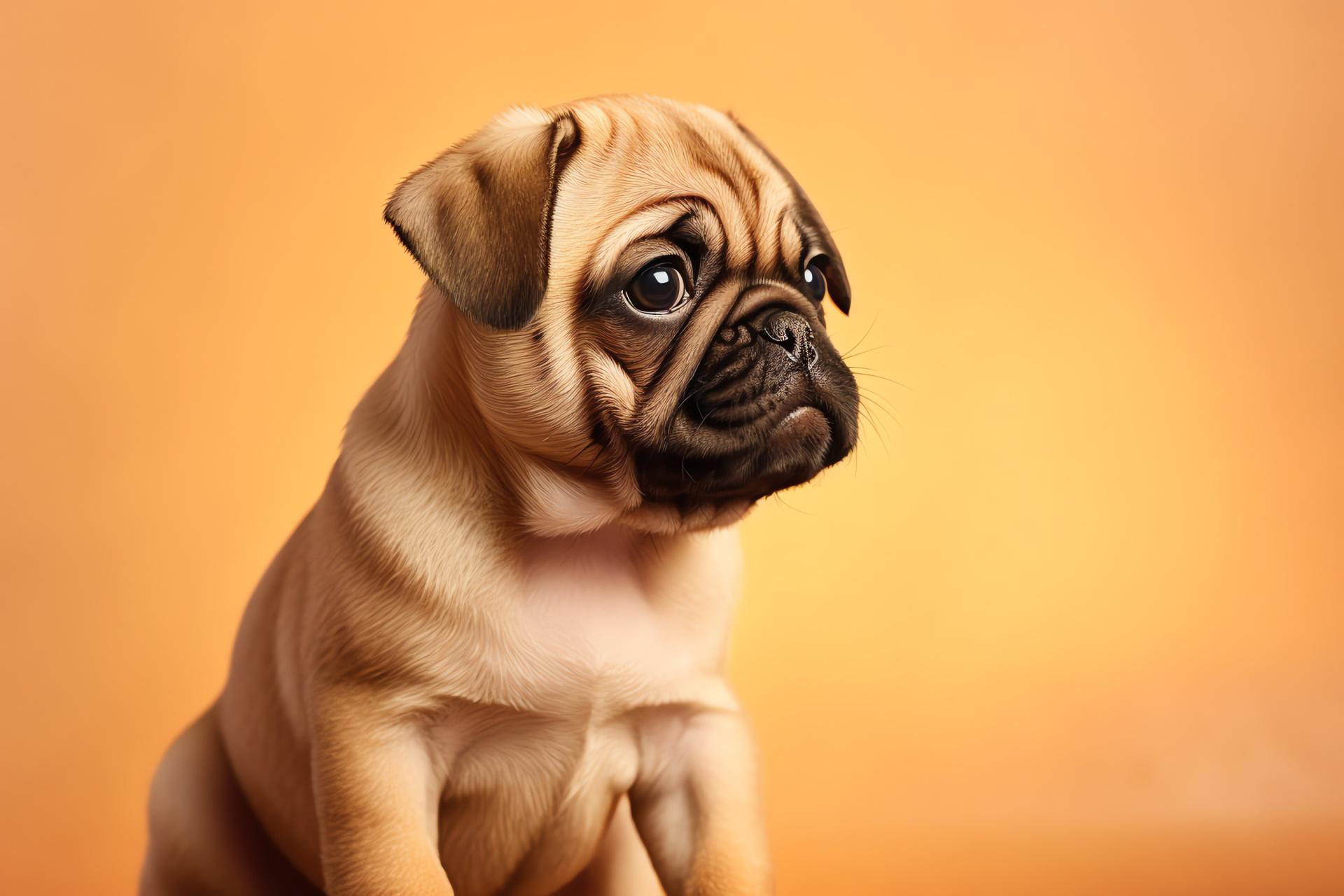 Pug Puppy, side glance, big eyes, two-tone background, fawn color pet, HD Desktop Image