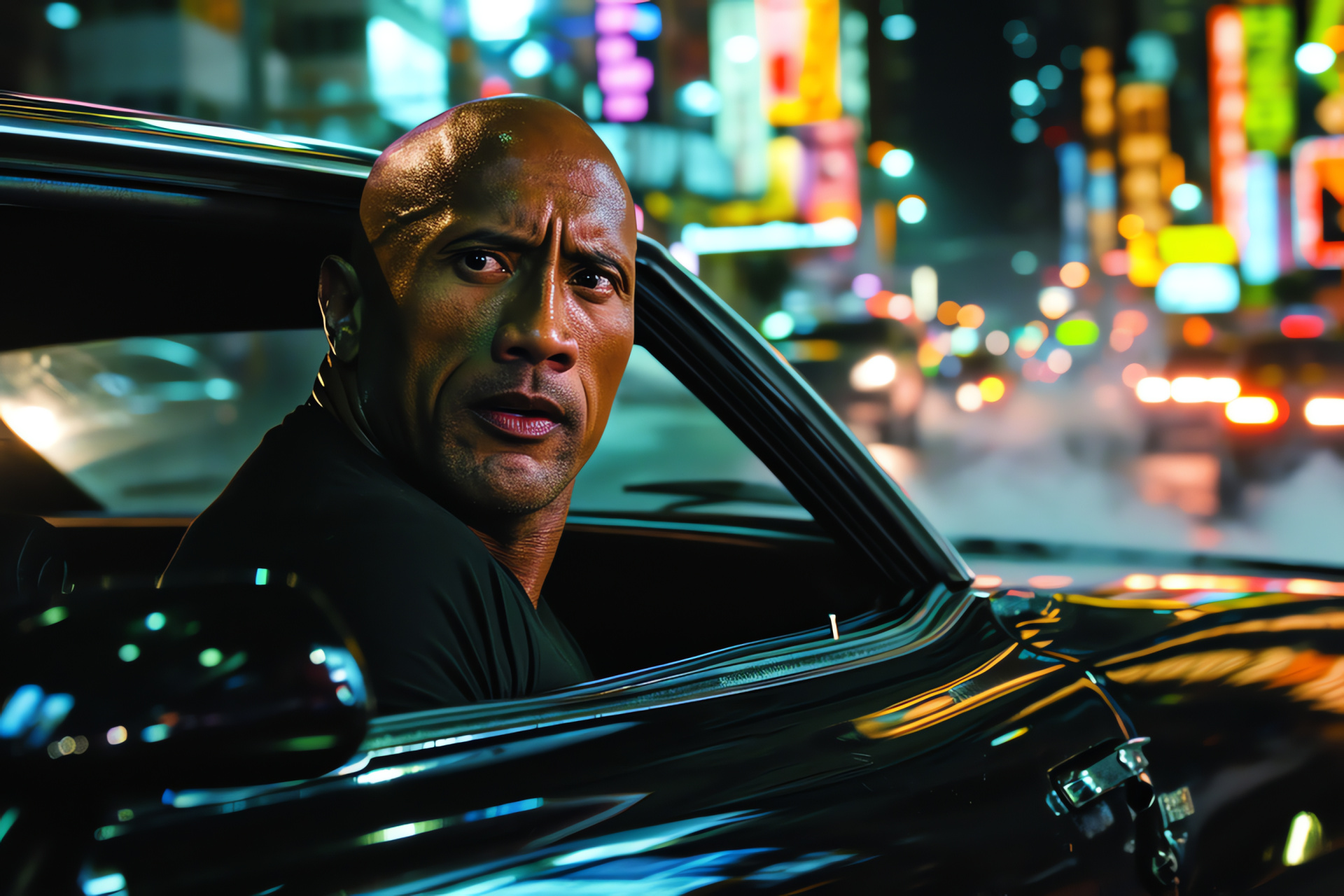 Dwayne 'The Rock' Johnson, Action movie star, Hobbs character, Fast-paced thrill, Automotive stunt, HD Desktop Image