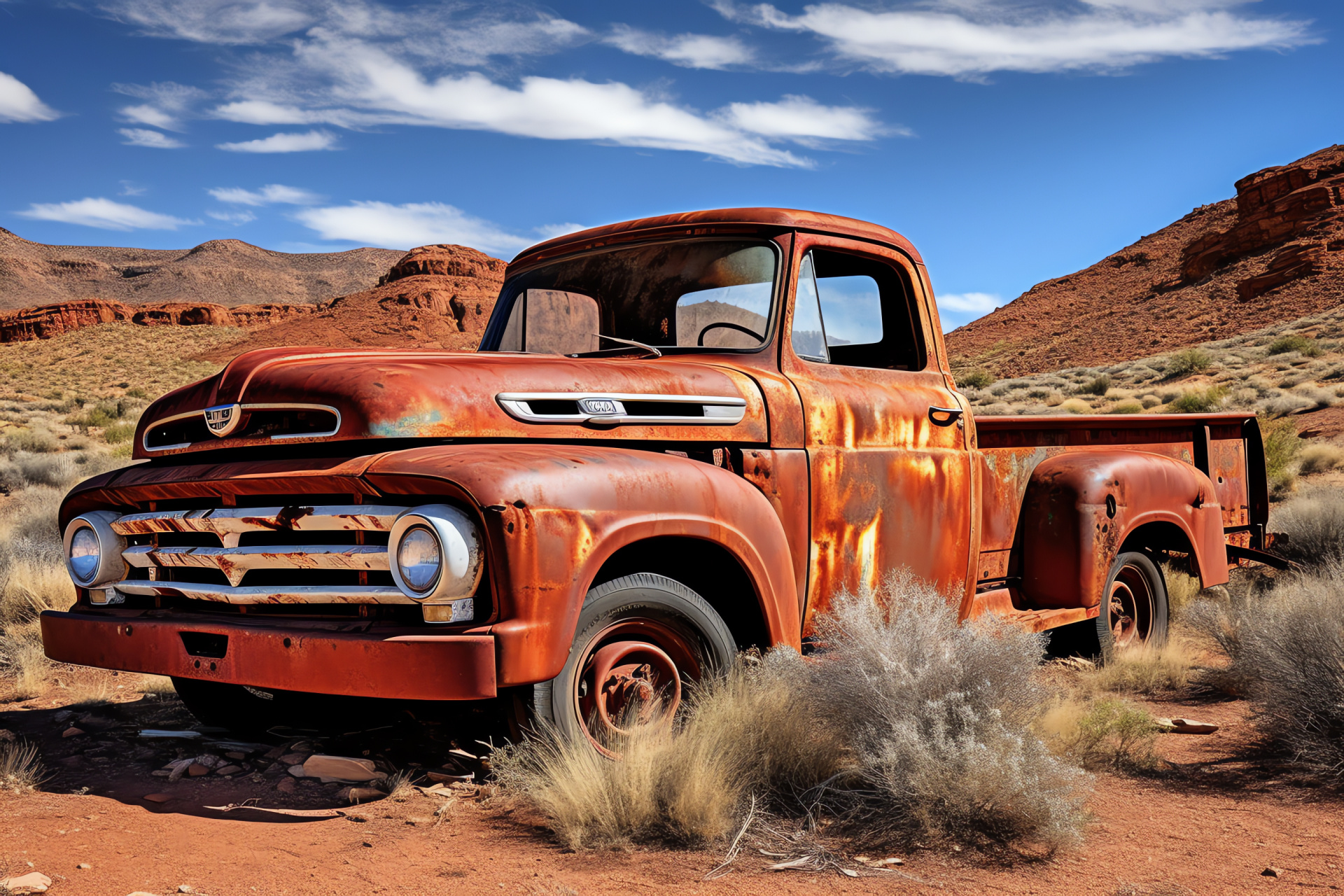 Ford Truck Heritage, Southwestern expanse, Arid landscape, Desert texturing, Oxidized metal, HD Desktop Image