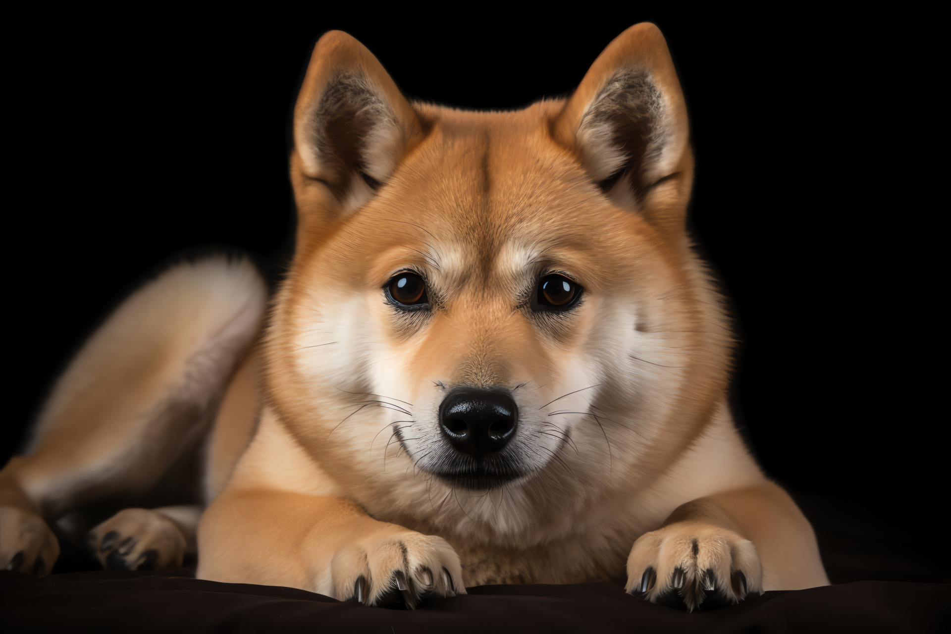 Tranquil Shiba Inu, Creamy fur, Reposeful demeanor, Stark backdrop contrast, Soft facial expression, HD Desktop Image