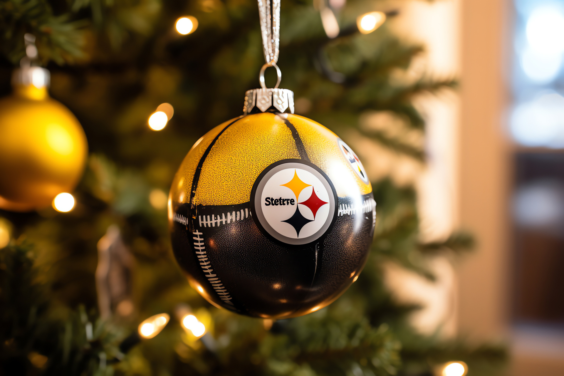 Steelers Yuletide theme, Pittsburgh football decor, Seasonal tree embellishments, Holiday sports celebration, Merry atmosphere, HD Desktop Wallpaper