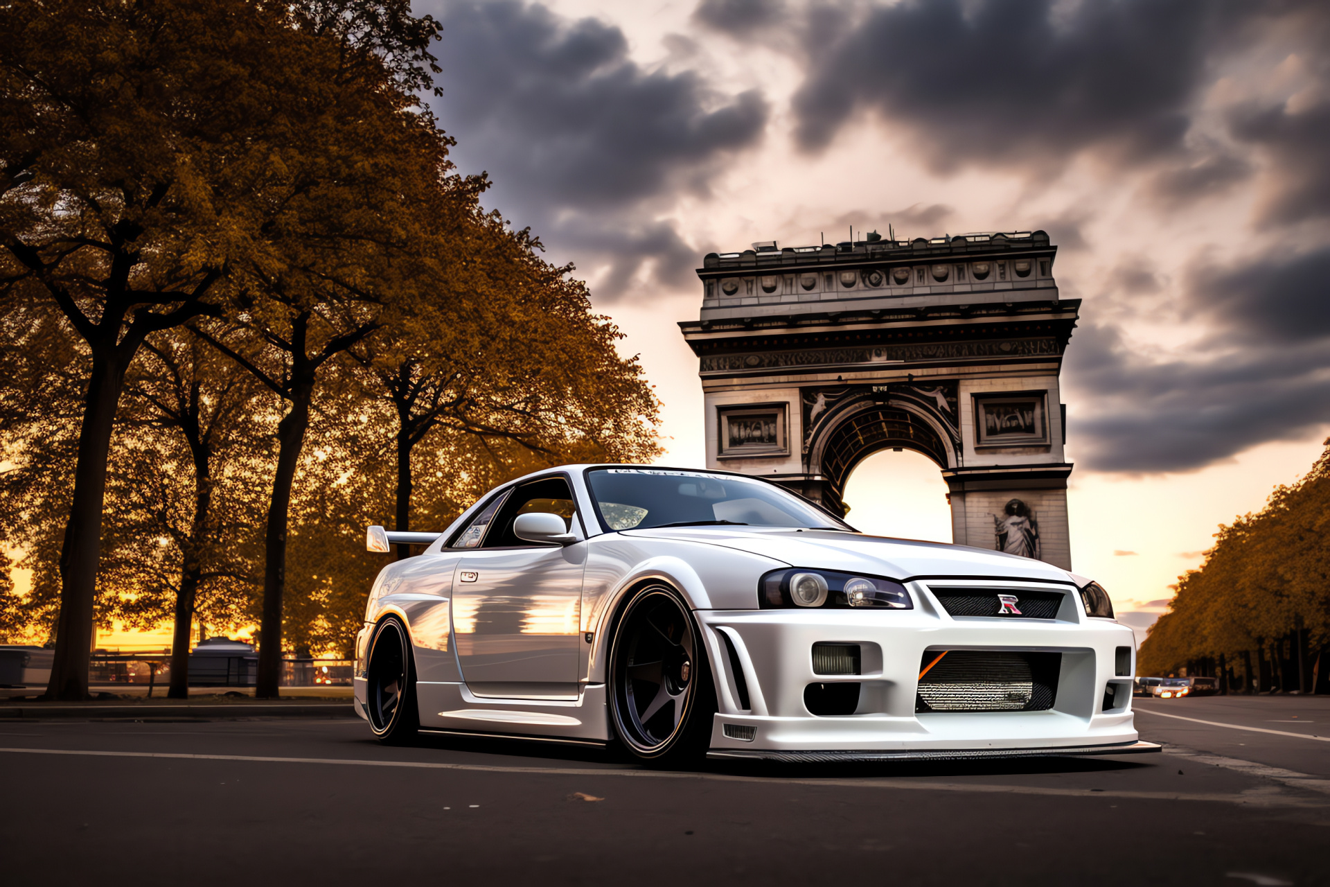 Nissan Skyline GTR R33, Landmark French location, Parisian charm, Vehicle elegance, Tourist spot, HD Desktop Wallpaper