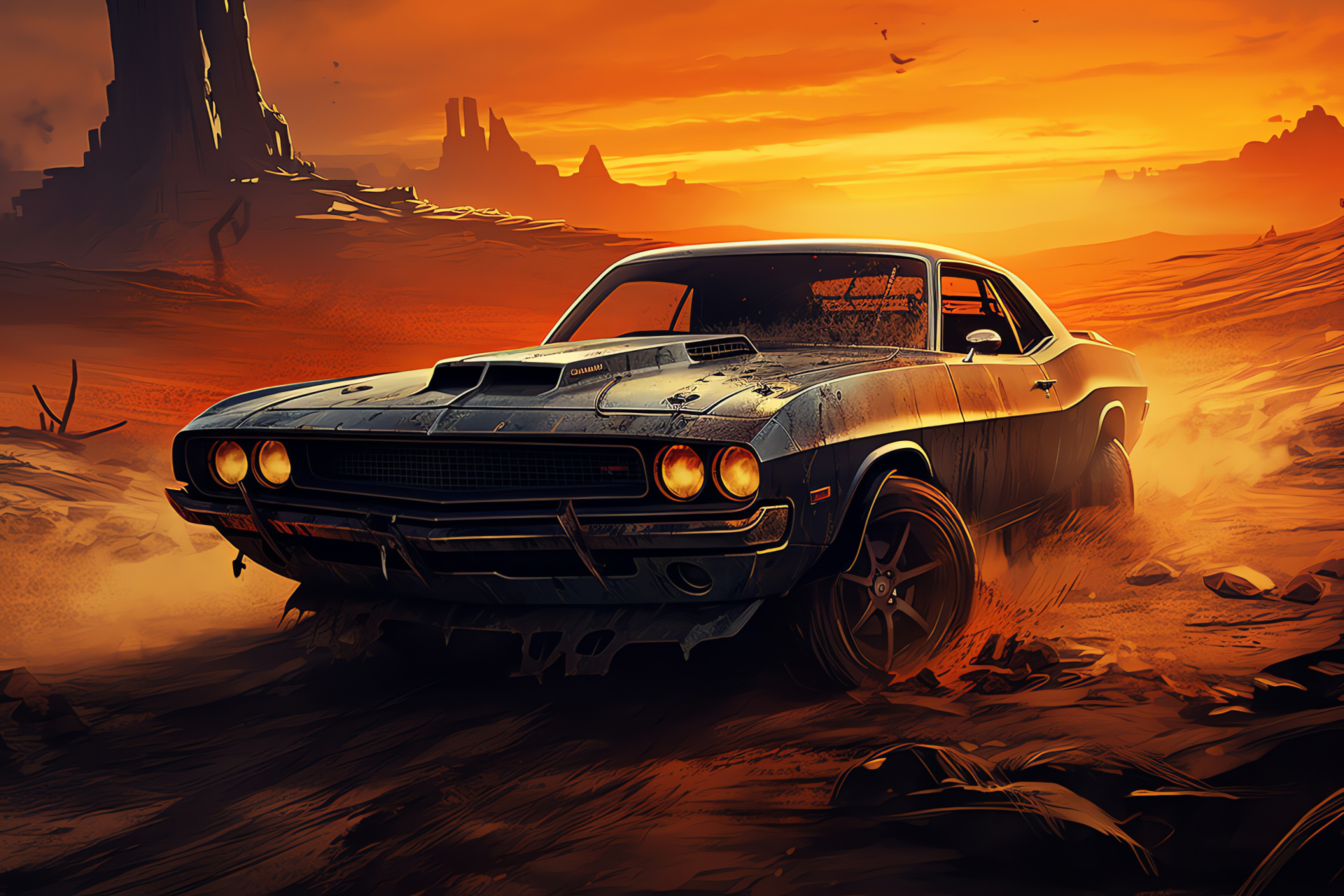 Muscle Car, Bird's eye view, Wasteland expanse, Survival scenery, High-speed maneuvering, HD Desktop Wallpaper