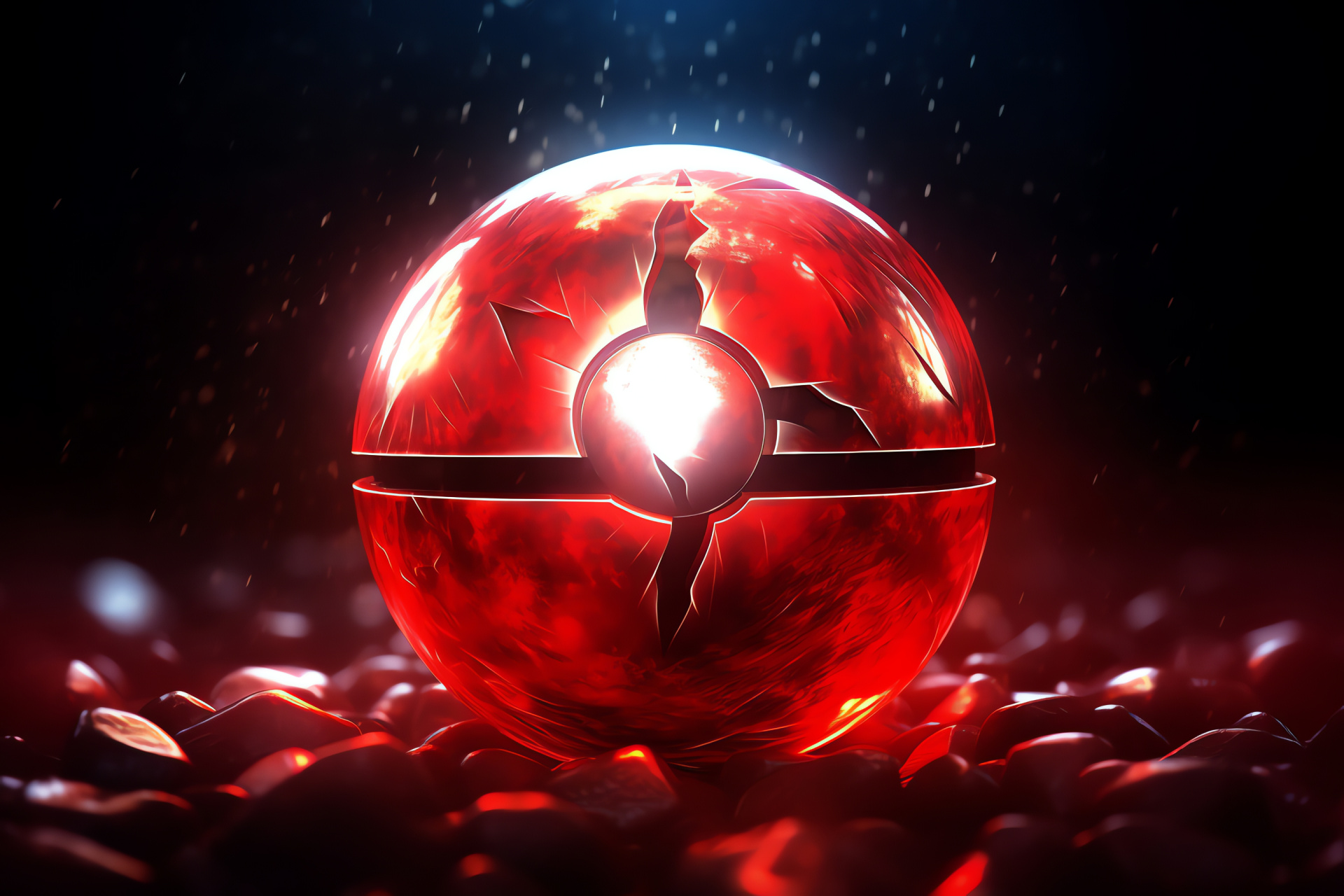 Legendary Pokemon, Intense Pokeball, Fiery eyes, Red backdrop, Gaming icon, HD Desktop Image