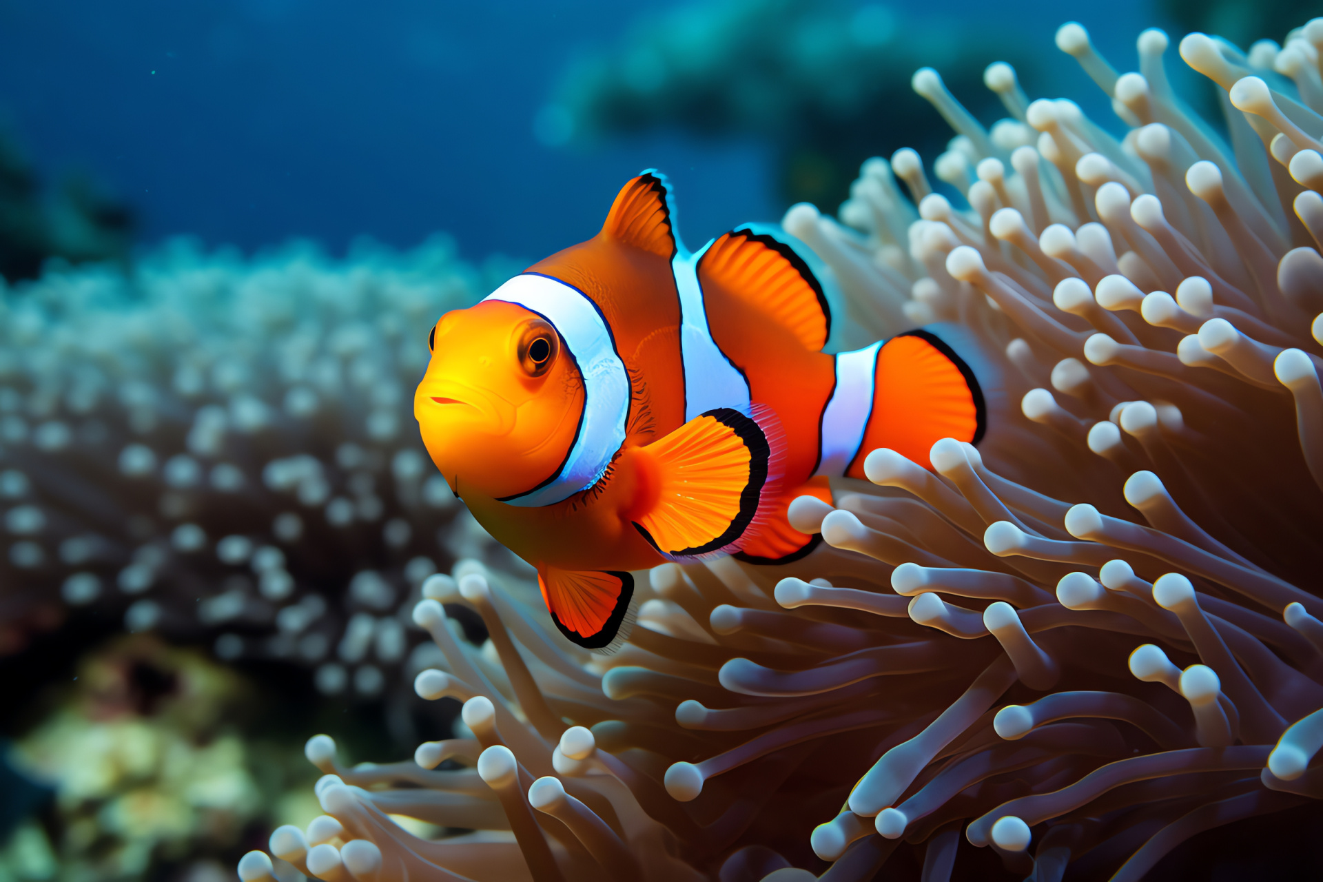 Caribbean Clownfish, coral reef dweller, vibrant orange color, marine biodiversity, tropical fish, HD Desktop Image