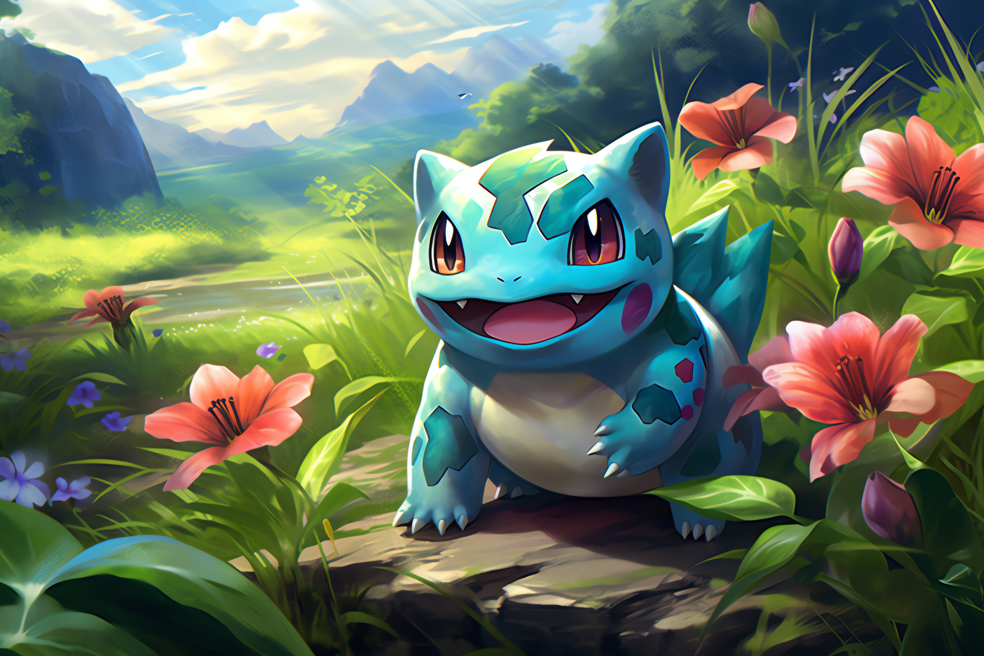 Seed Pokmon Bulbasaur, Flora surrounded monster, Playing in nature, Charging energy attack, Vibrant petals, HD Desktop Wallpaper