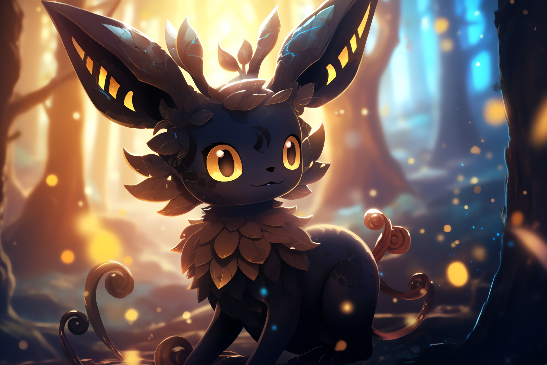 Sad forest Umbreon, Sunlight penetration, Peaceful flora, Magical habitat, Warmth-filled scene, HD Desktop Wallpaper