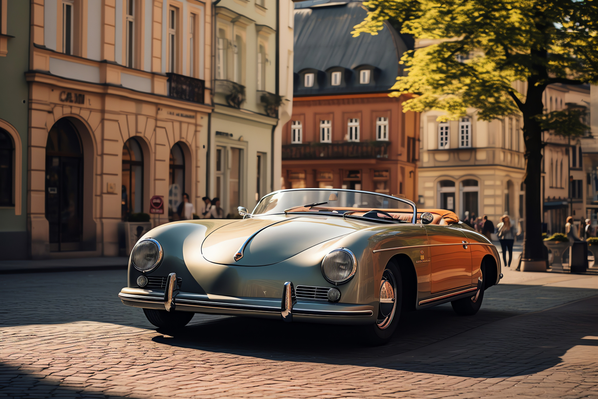 Porsche 356 Speedster, Stuttgart scenery, Retro motoring charm, Architectural vistas, Historic roadways, HD Desktop Image