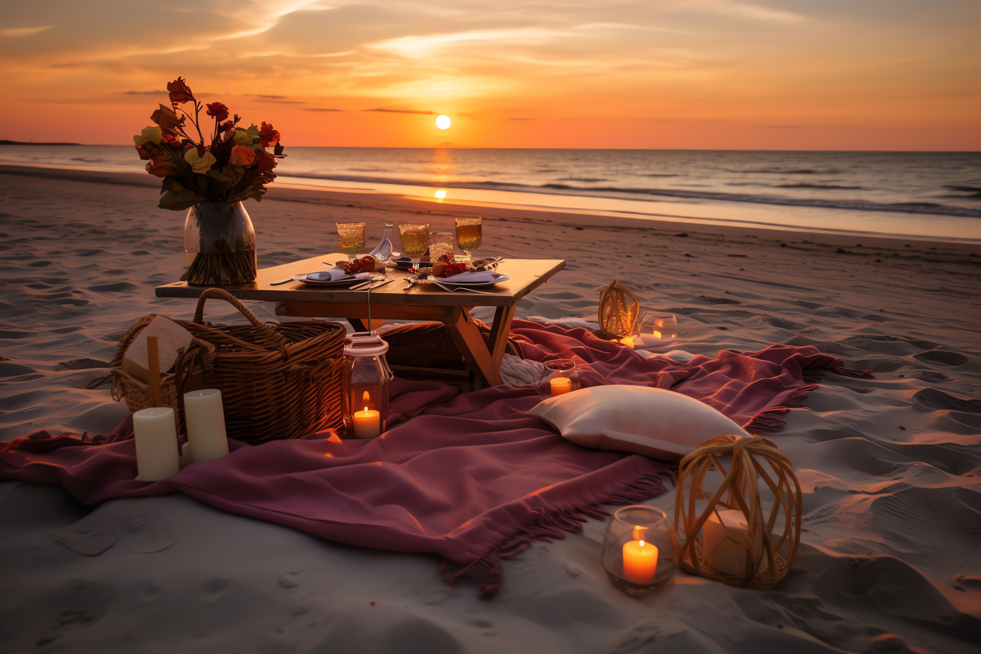 Valentine's Day seaside, twilit rendezvous, oceanfront romance, hearty adornments, sandy shores, HD Desktop Image