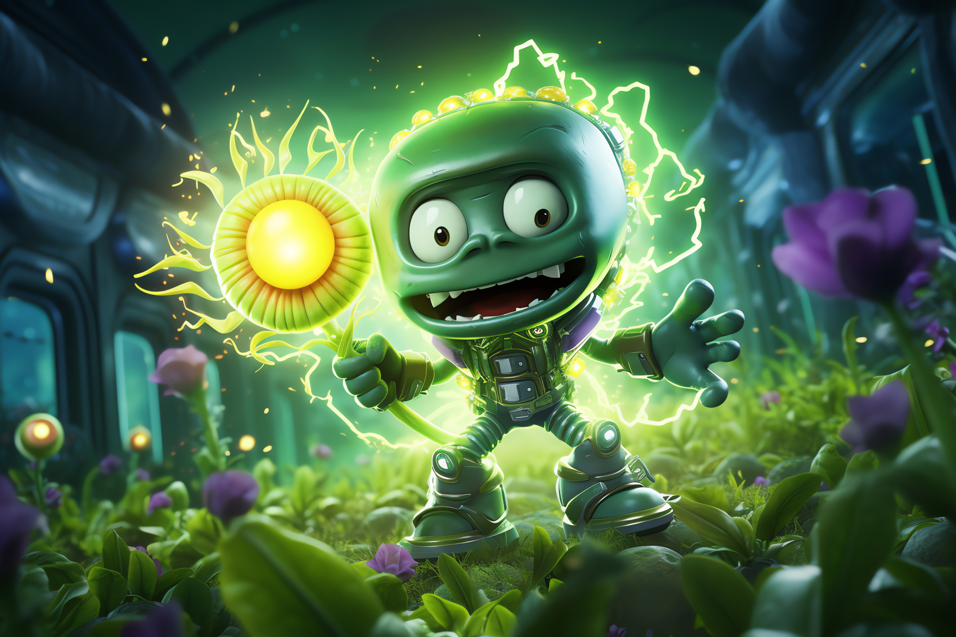 Combatant Peashooter, Focused fighting visage, Vigilant shooter gaze, Gatling mode ready, Luminous backdrop pattern, HD Desktop Image