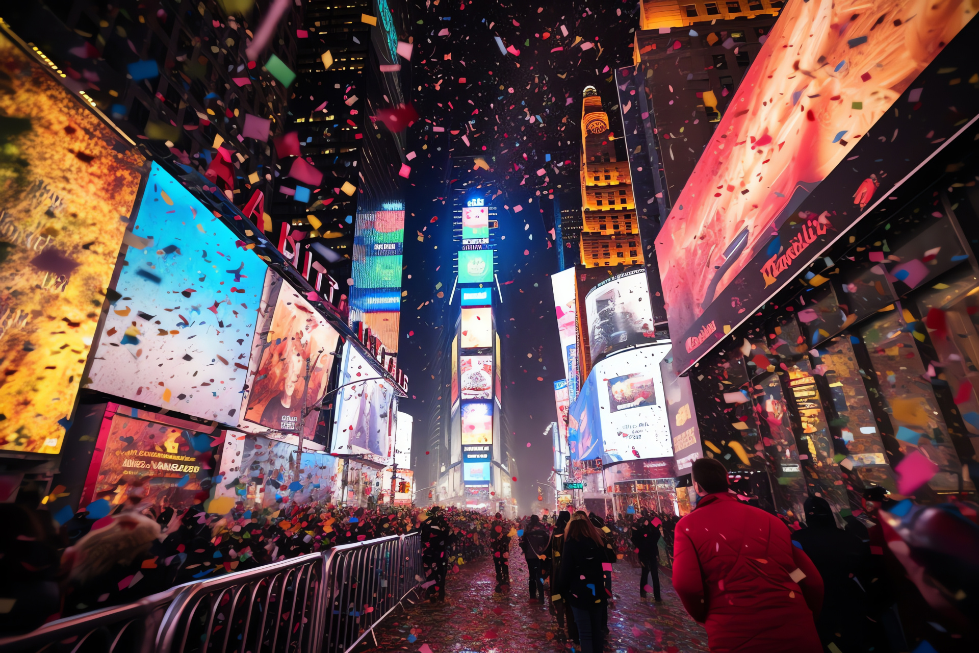 Times Square jubilee, Ball descent, NYE fireworks, crowd elation, neon spectacle, HD Desktop Image