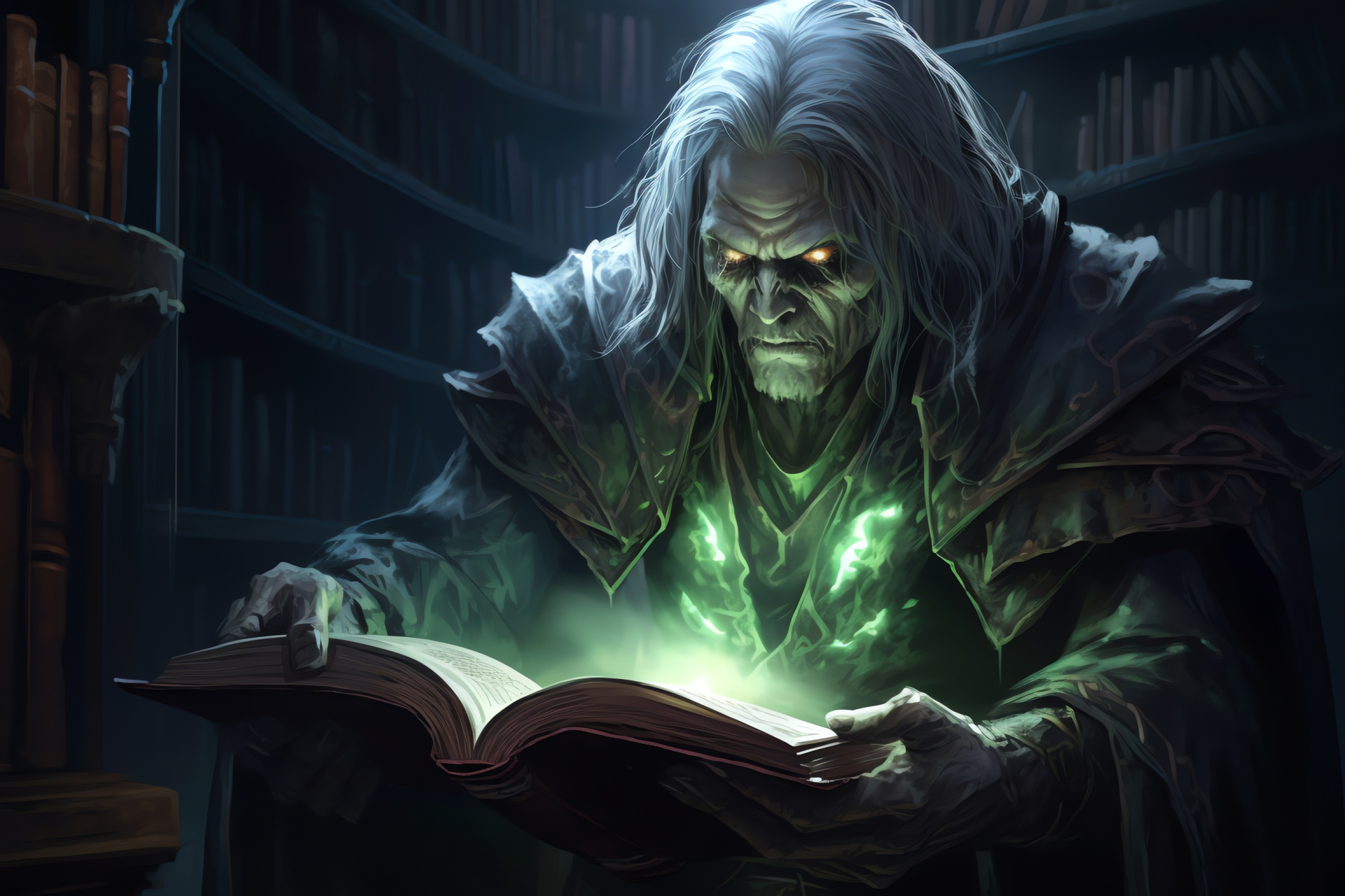 Occult Warlock, Forbidden archives, Immense grimoire, Mystical vigor, Creeping zenith darkness, HD Desktop Image