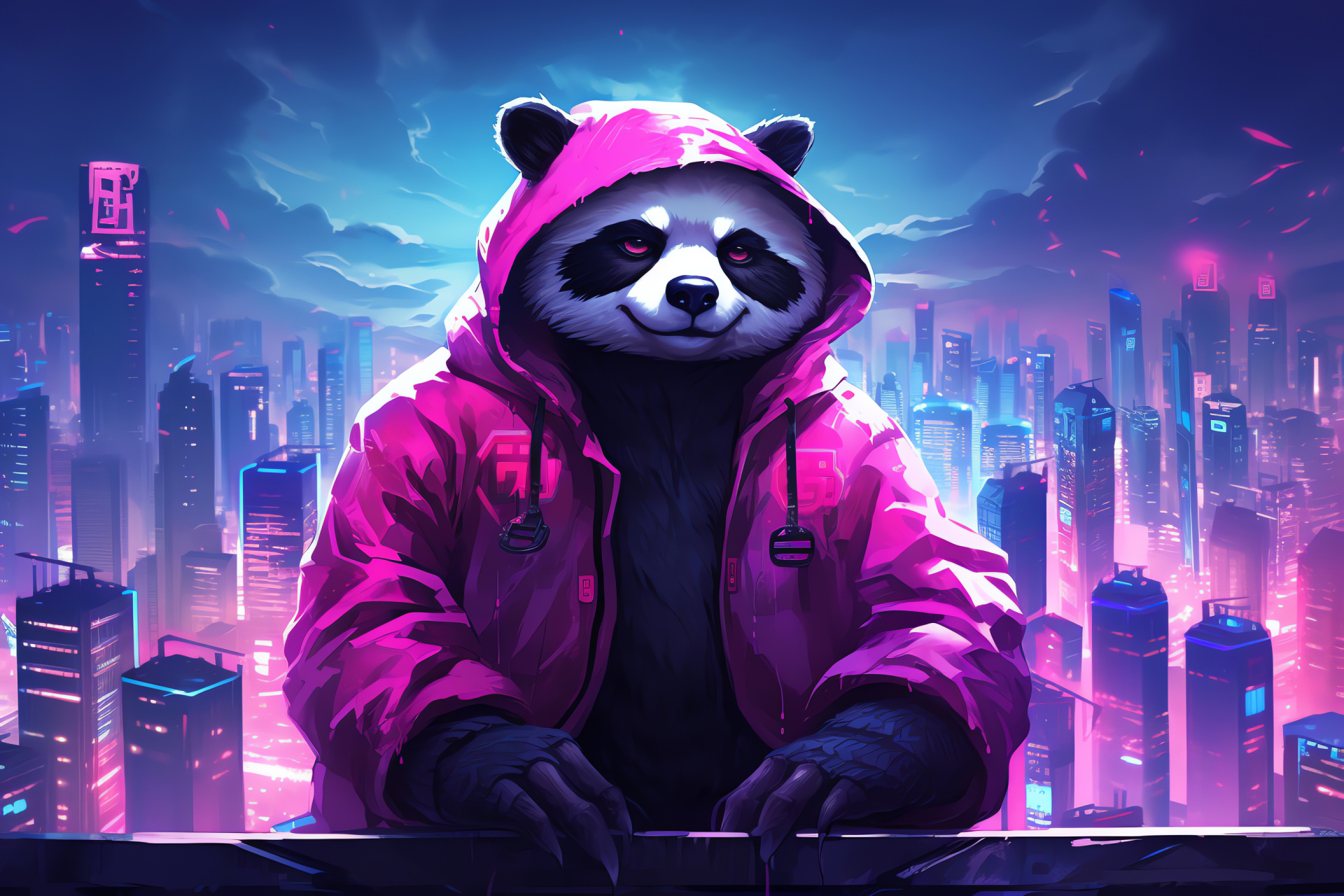 Adult Pink Panda, neon urban wildlife, animal with purple optics, furry creature, cityscape backdrop, HD Desktop Image