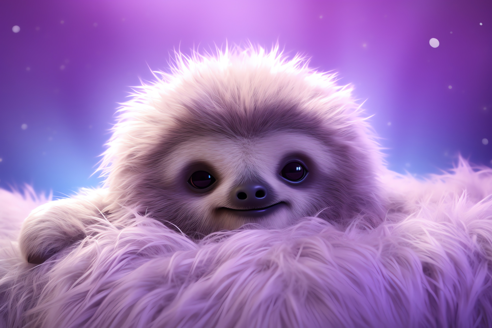 Lavender Sloth, Etherial fur, Celestial creature, Cushy texture, Universe backdrop, HD Desktop Wallpaper