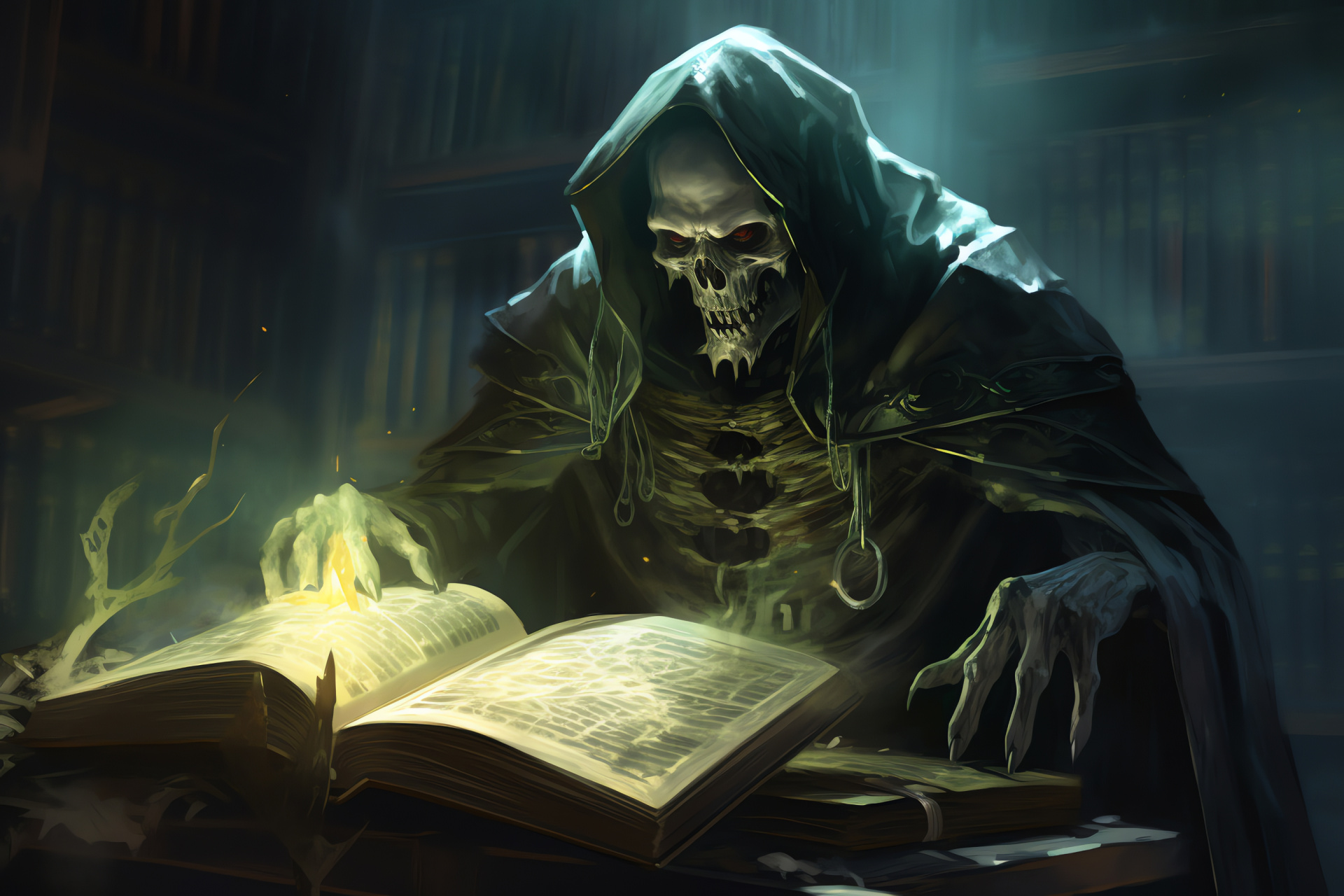 Forbidden Warlock library, Tome of secrets, Mysterious magical aura, Encroaching darkness, Elusive knowledge, HD Desktop Image