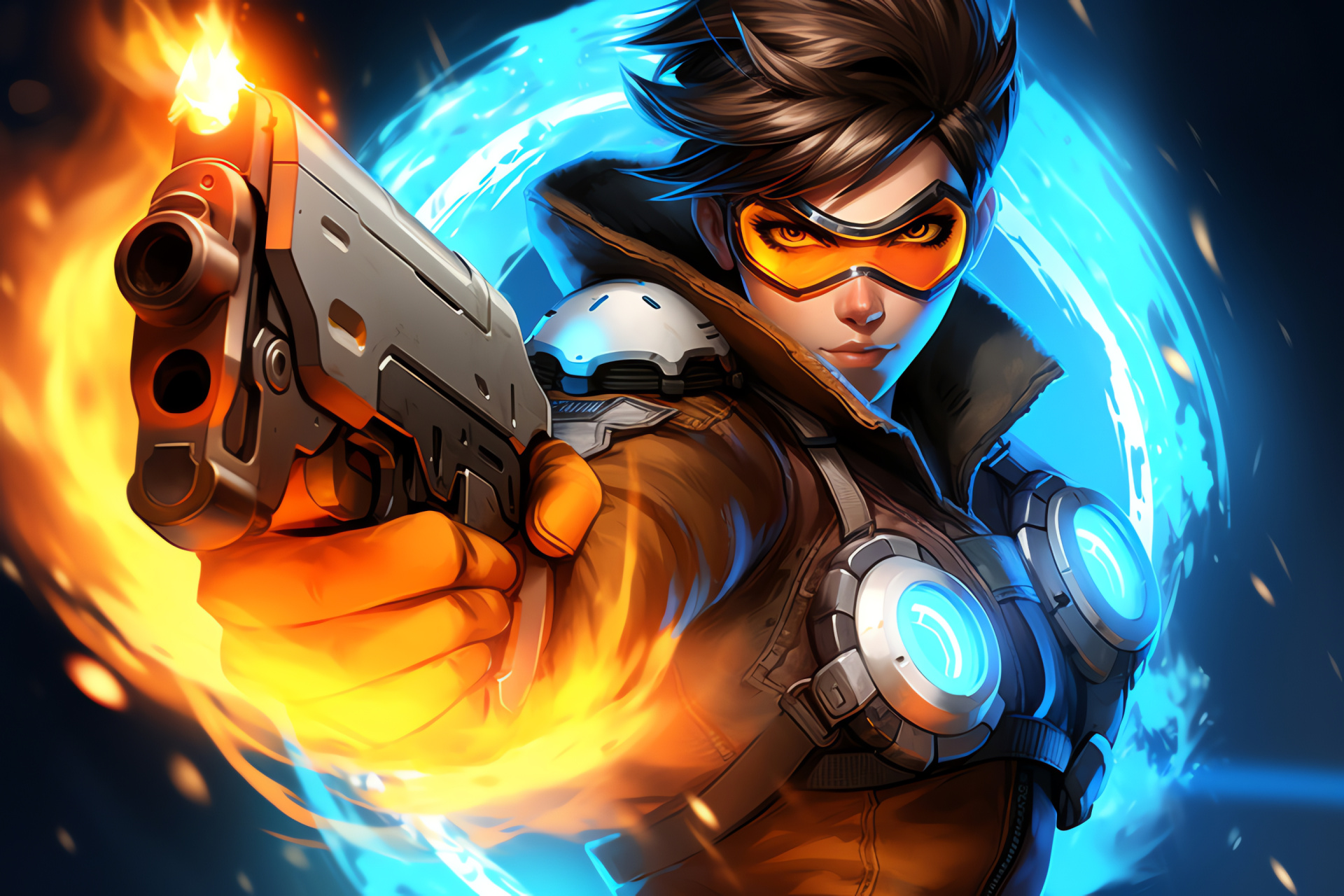 Overwatch Tracer, Iconic gaming role, Stylized backdrop, Two-shade contrast, Digital artwork, HD Desktop Wallpaper