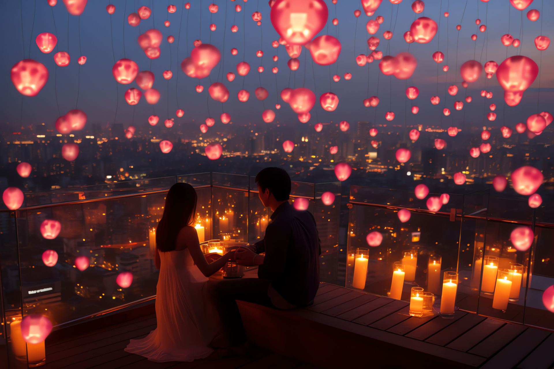 Couple's Valentine Retreat, Elevated lookout, Glowing festival lights, Love celebration, Warmth of romance, HD Desktop Wallpaper