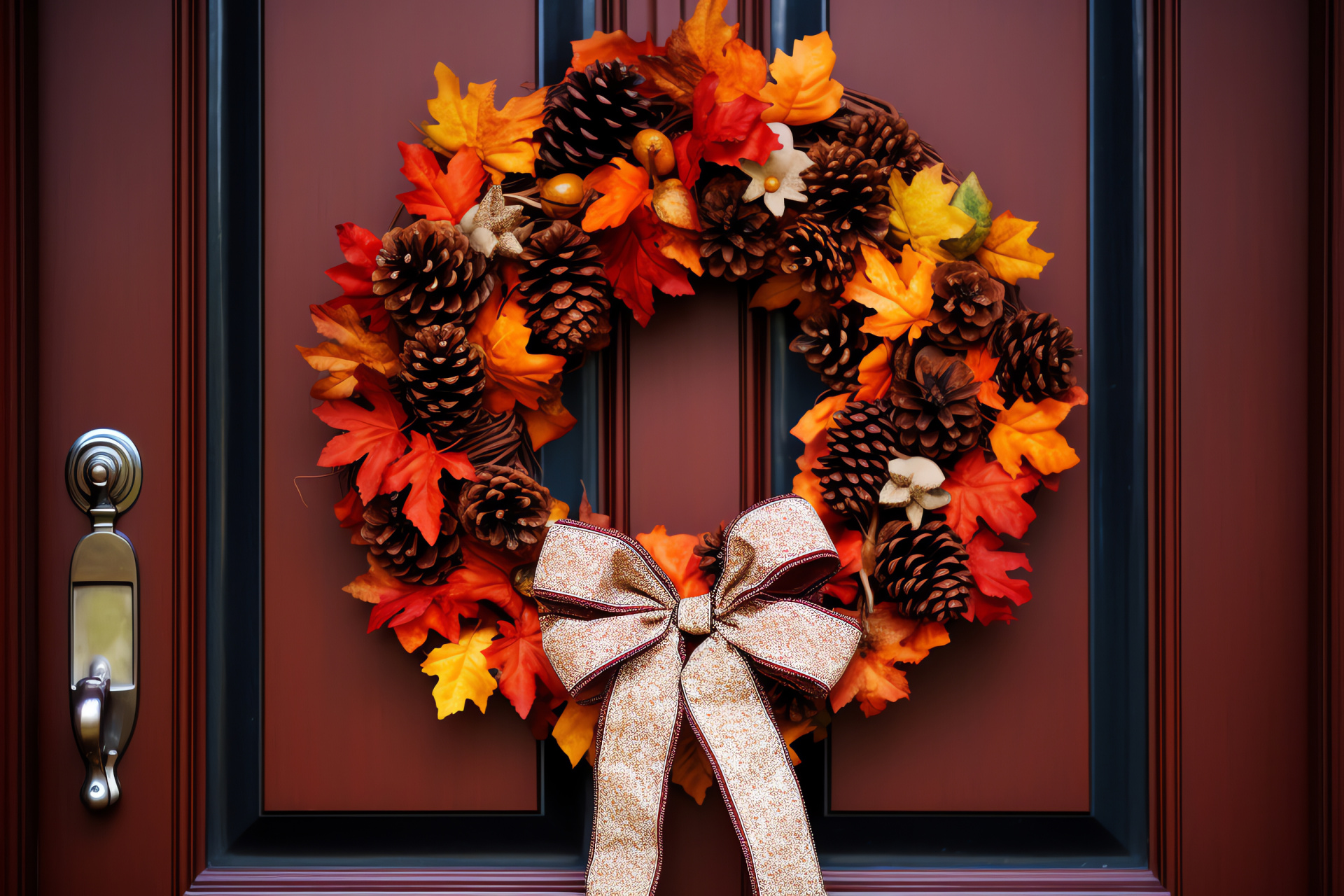 Handcrafted Thanksgiving wreath, Doorway fall decoration, Multicolor leaf design, Harvest pinecone accent, HD Desktop Image