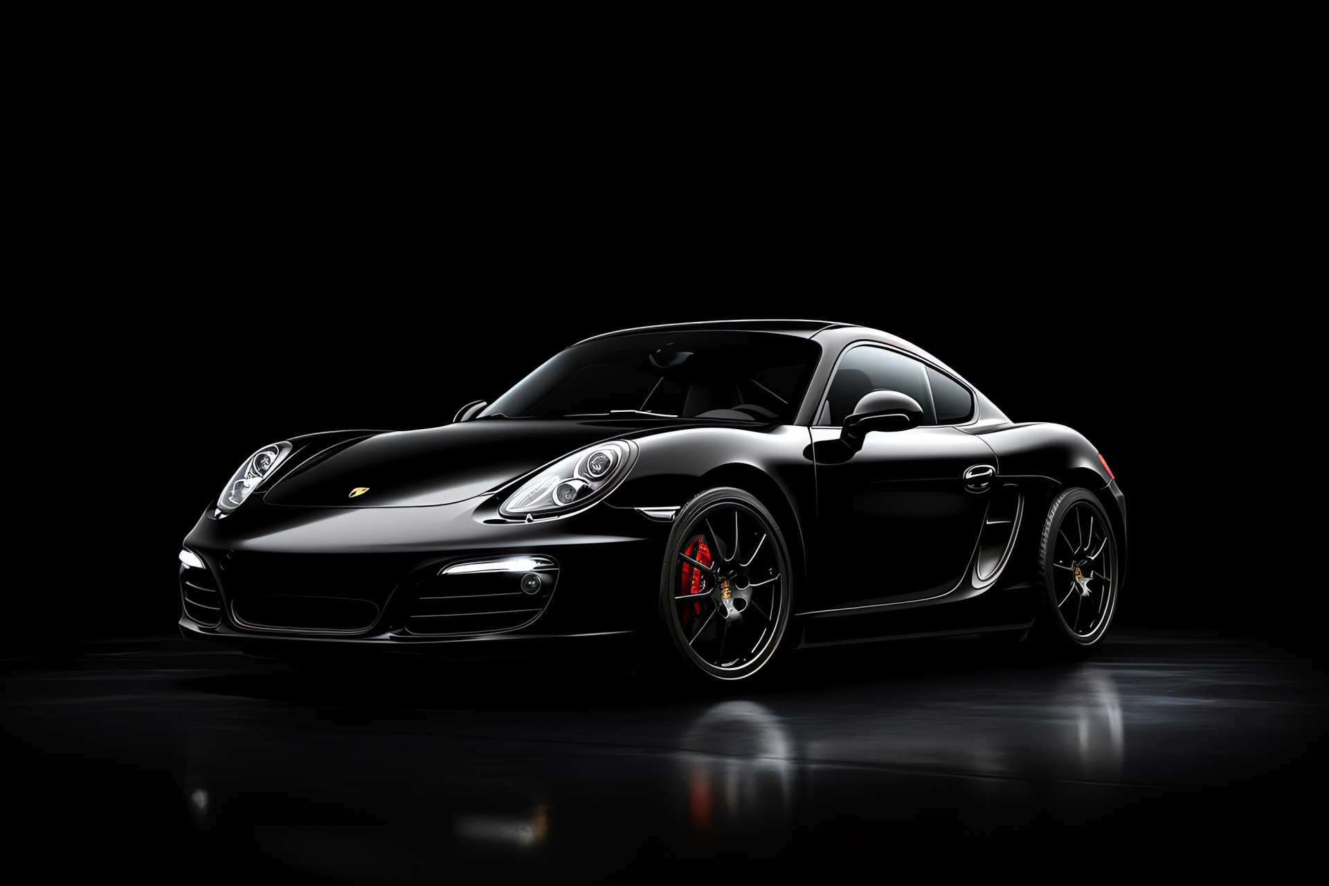 Porsche Cayman R stature, Sports car angle, Glossy black finish, Black backdrop emphasis, Car passion, HD Desktop Image