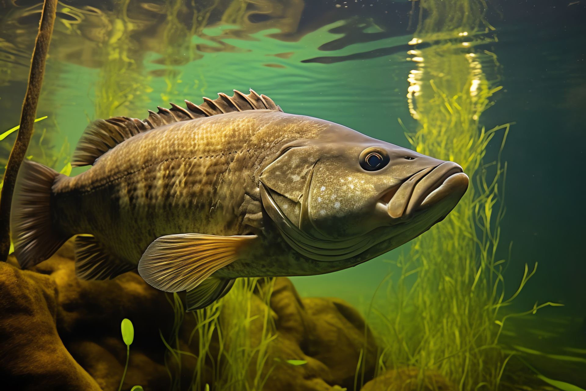 Smallmouth Bass concealment, Pond refuge, Aquatic camouflage, Gentle waters, Freshwater fish, HD Desktop Image