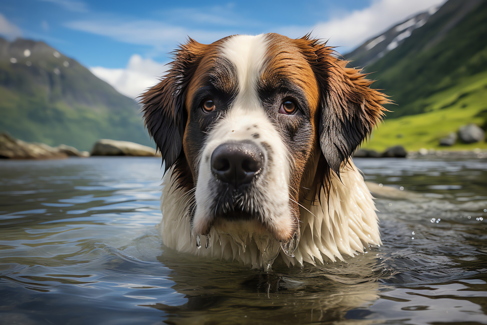 Alpine rescue dog, St Bernard features, Short smooth coat, Distinct breed patterns, Trustworthy canine eyes, HD Desktop Wallpaper