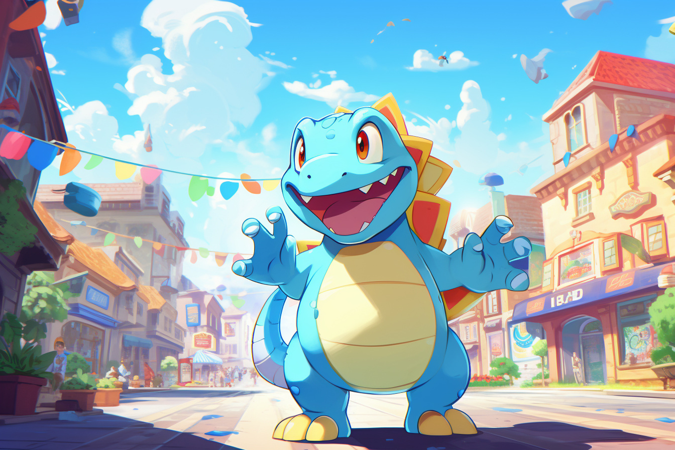 Totodile in cityscape, Goldenrod City lights, Illuminate signage glow, Urban nightlife thrum, Metropolitan bustle depiction, HD Desktop Wallpaper