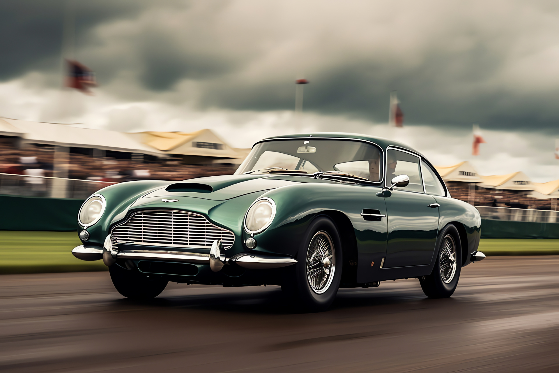 Aston Martin DB5 classic, Goodwood vintage event, Luxurious British car, Green paint finish, Vintage race, HD Desktop Wallpaper