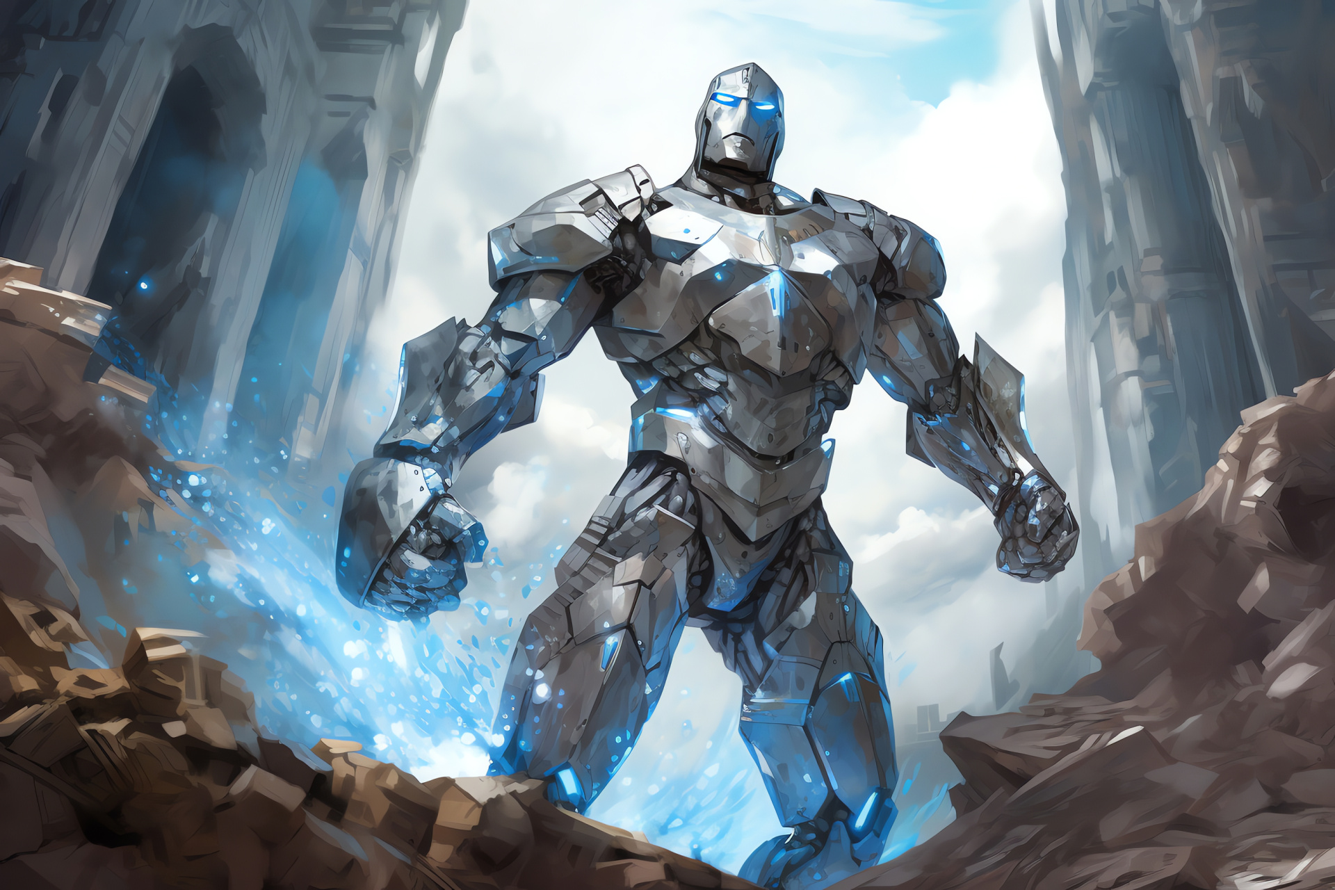 MTG Karn figure, Stoic pose, Metallic sheen, Radiant aura, Silent power, HD Desktop Wallpaper