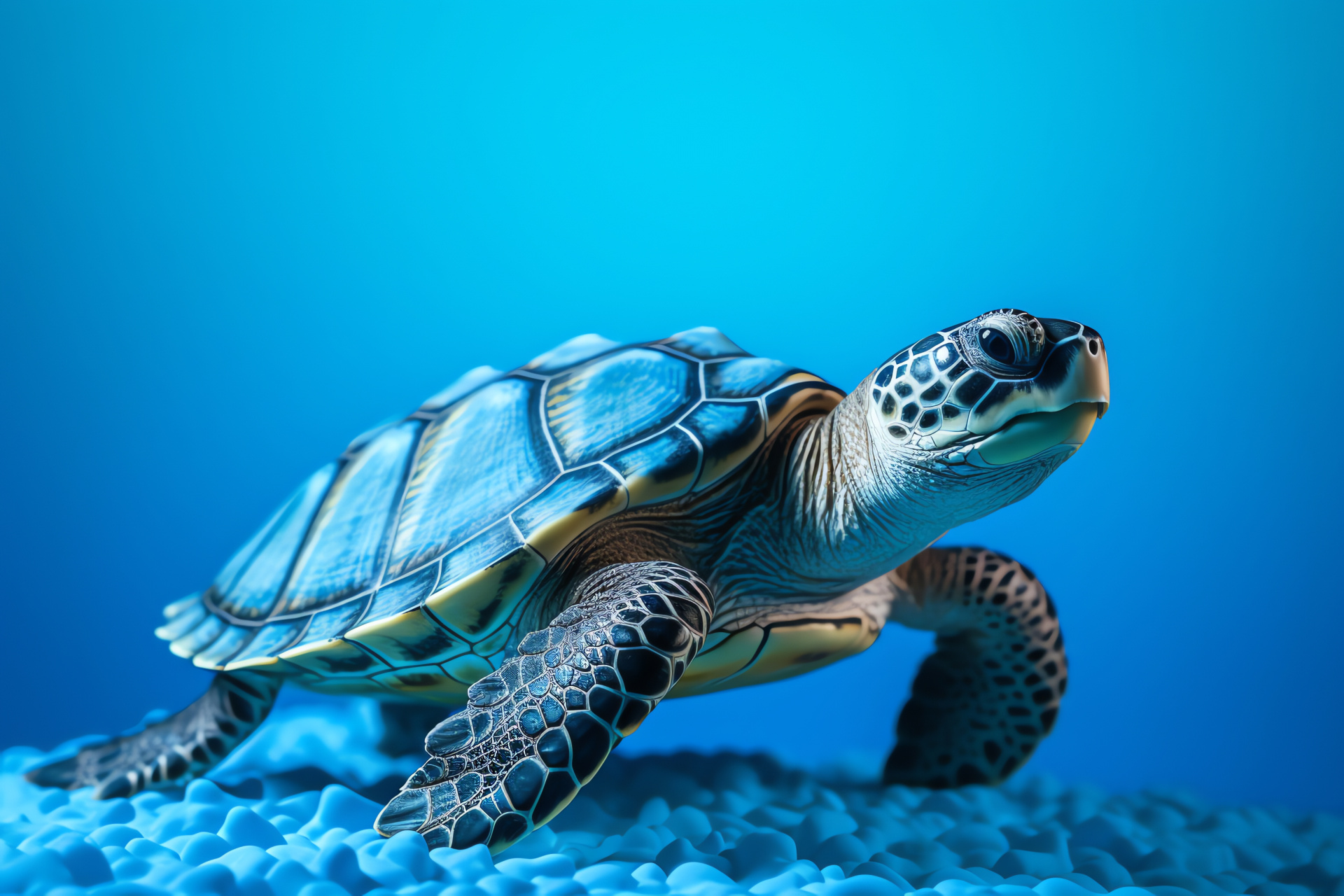 Marine reptile, Shell waves pattern, Peaceful azure gaze, Monochrome cerulean scene, HD Desktop Wallpaper