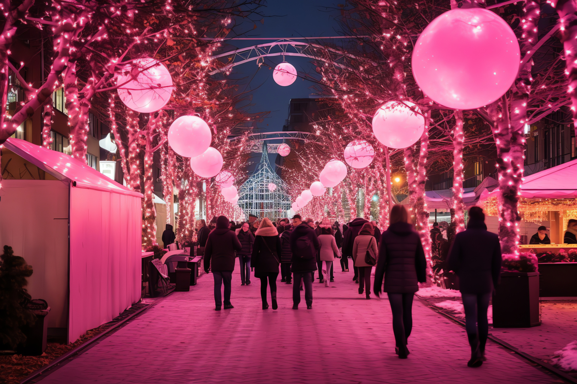 Magenta holiday festivity, seasonal market bustle, festive glowing decor, thermal beverages, joyful retail, HD Desktop Wallpaper