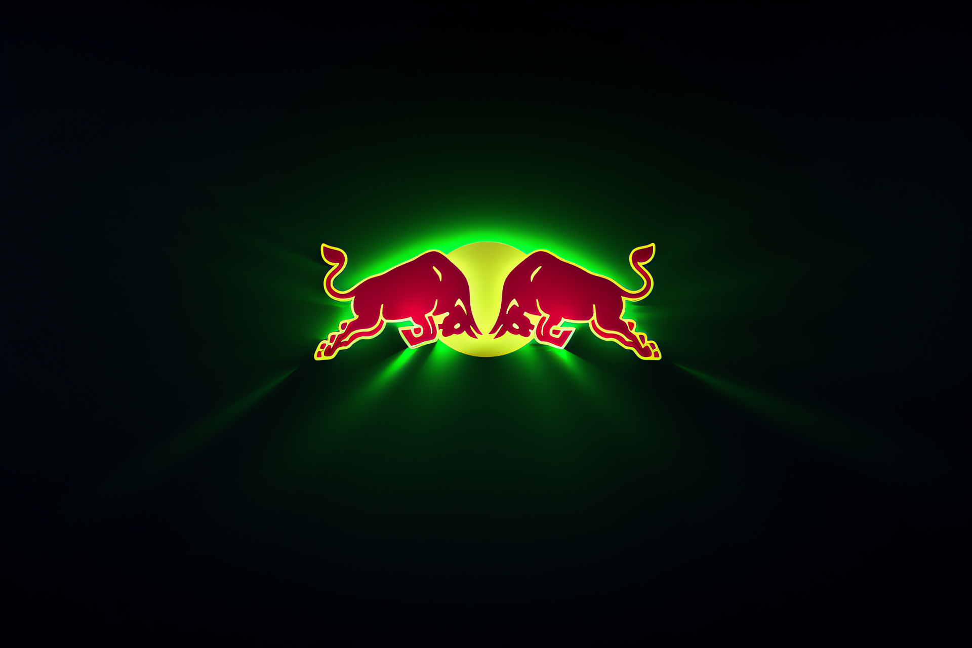 Red Bull brand, Iconic symbol, Green neon, Intense branding, Marketing, HD Desktop Image