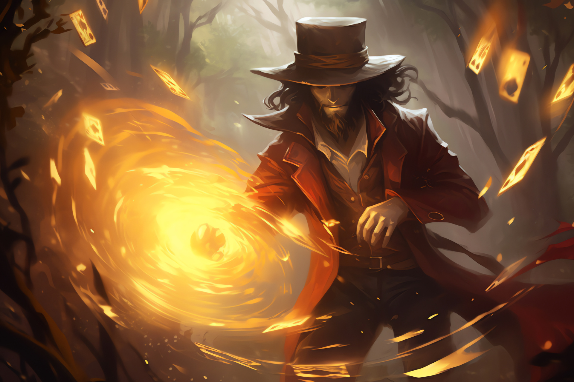 Twisted Fate, arboreal thicket, dense verdure, arcane protection, sizzling enchantment, HD Desktop Wallpaper