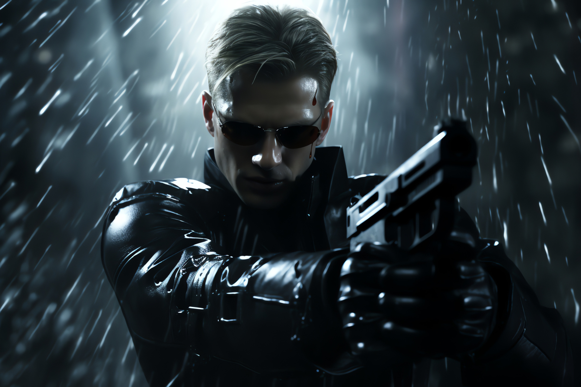 Resident Evil antagonist Albert Wesker, adrenaline-fueled scene, mirrored pistols, adversaries, cinematic villain, HD Desktop Wallpaper