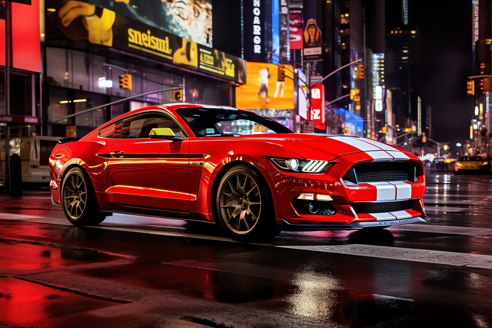 Mustang GT350, Metropolitan NYC, Urban car photography, Illuminated billboard ambiance, Traffic shimmer, HD Desktop Wallpaper