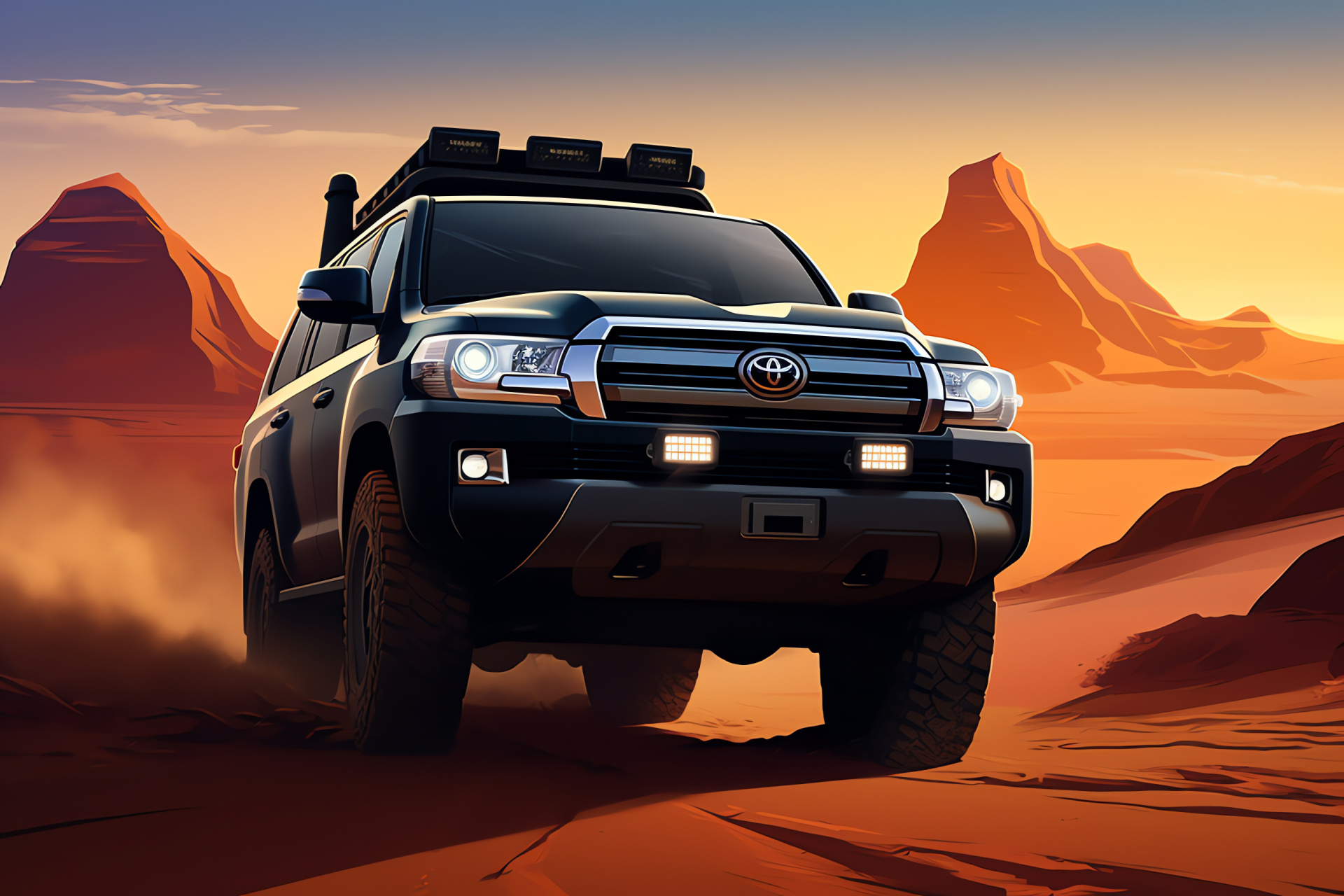 TRD Land Cruiser Pro, Desert roaming capabilities, Elevated frontal perspective, Bold black trim, Off-road dominion, HD Desktop Image