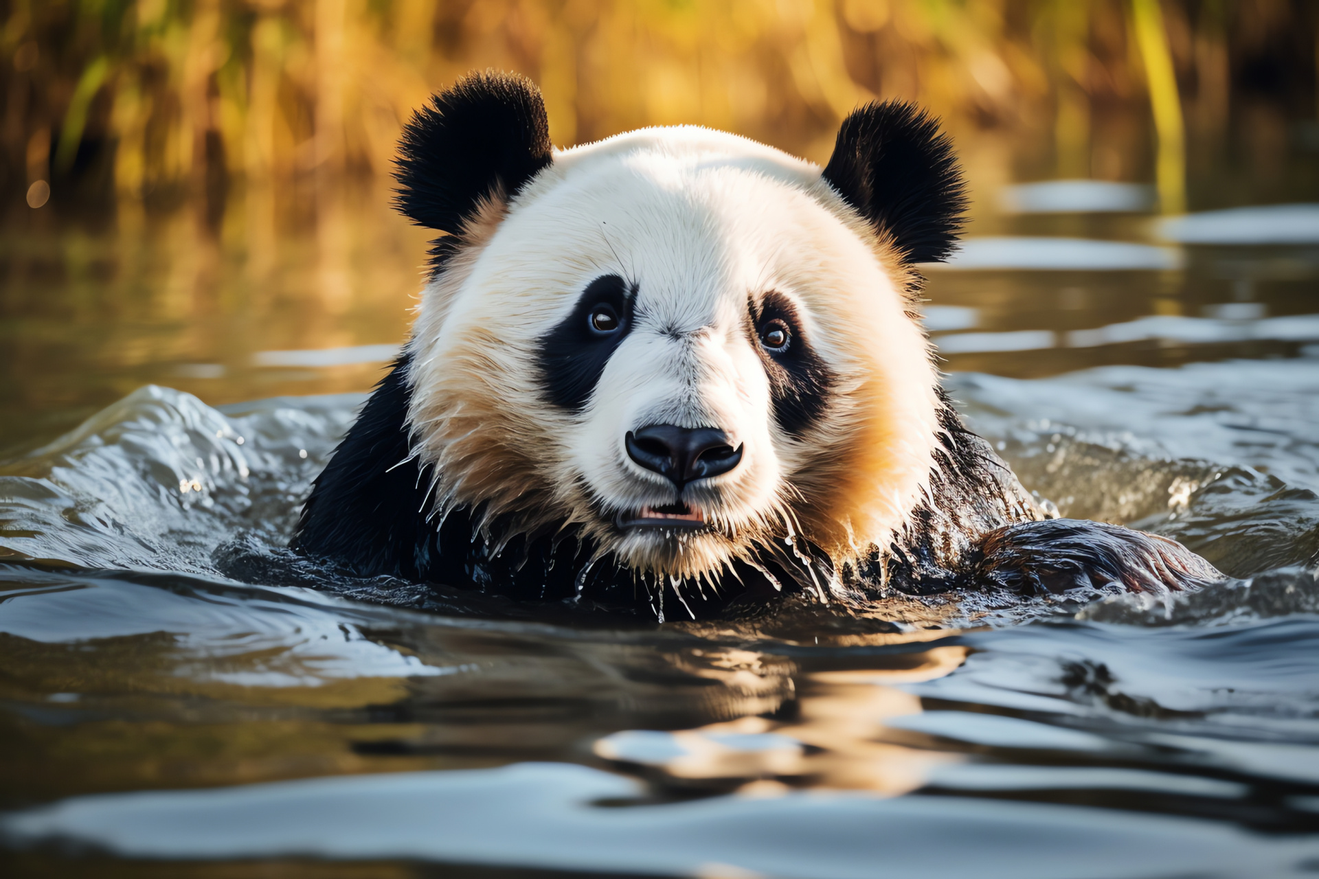 Giant panda leisure, Aquatic scenery, Bear silhouette, River habitat, Nature's tranquility, HD Desktop Wallpaper