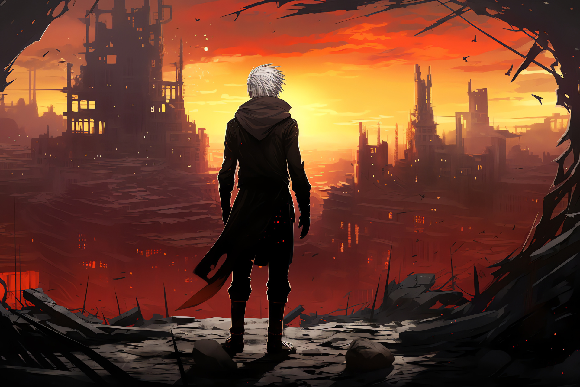 Nier Replicant, Futuristic RPG, Apocalyptic scenery, Heroic protagonist, Ancient debris, HD Desktop Wallpaper