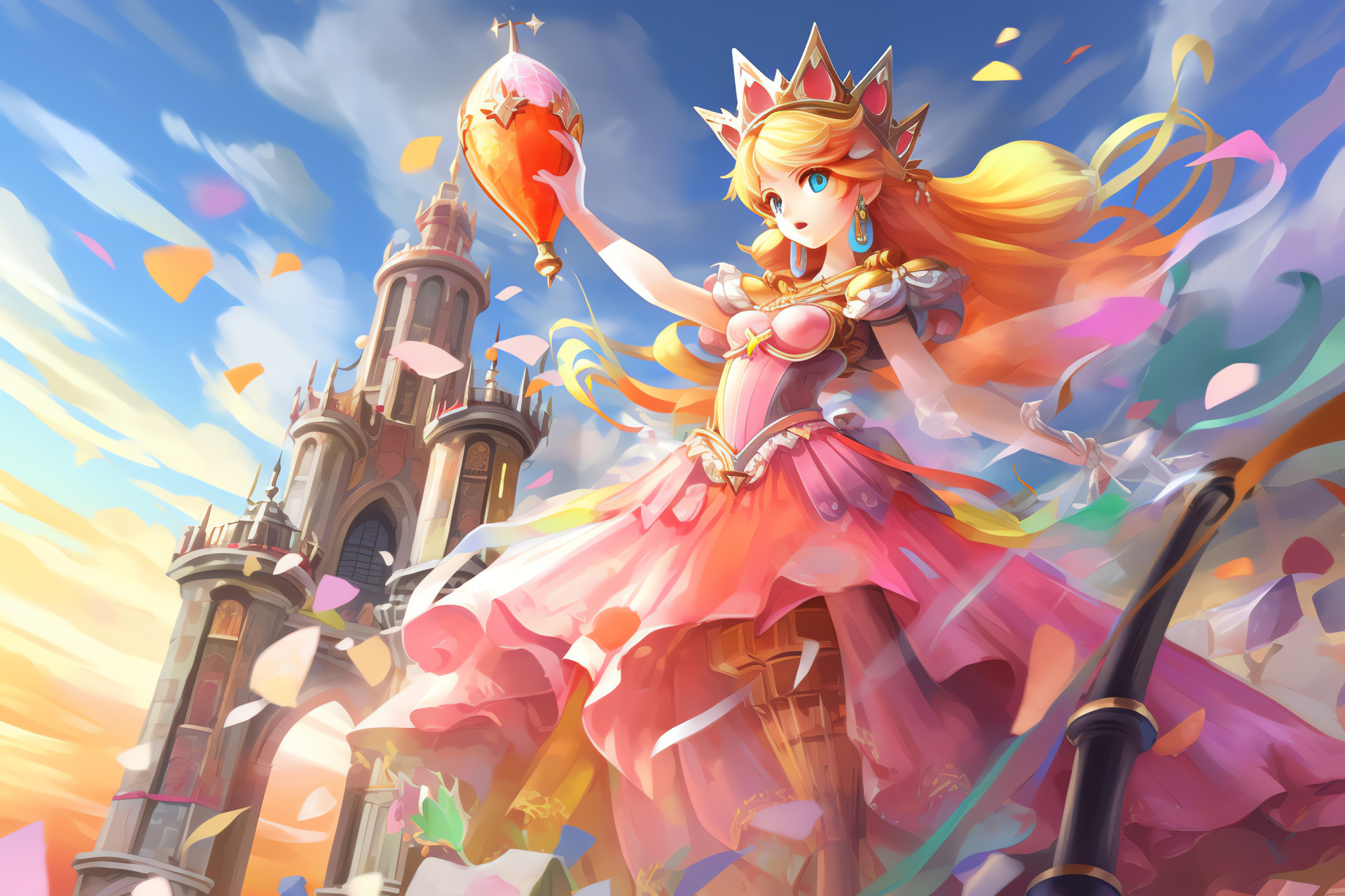 Princess Peach peril, Bowser Jr. mischief, Imprisonment high tower, Sorcery wand, Flying Koopa craft, HD Desktop Wallpaper