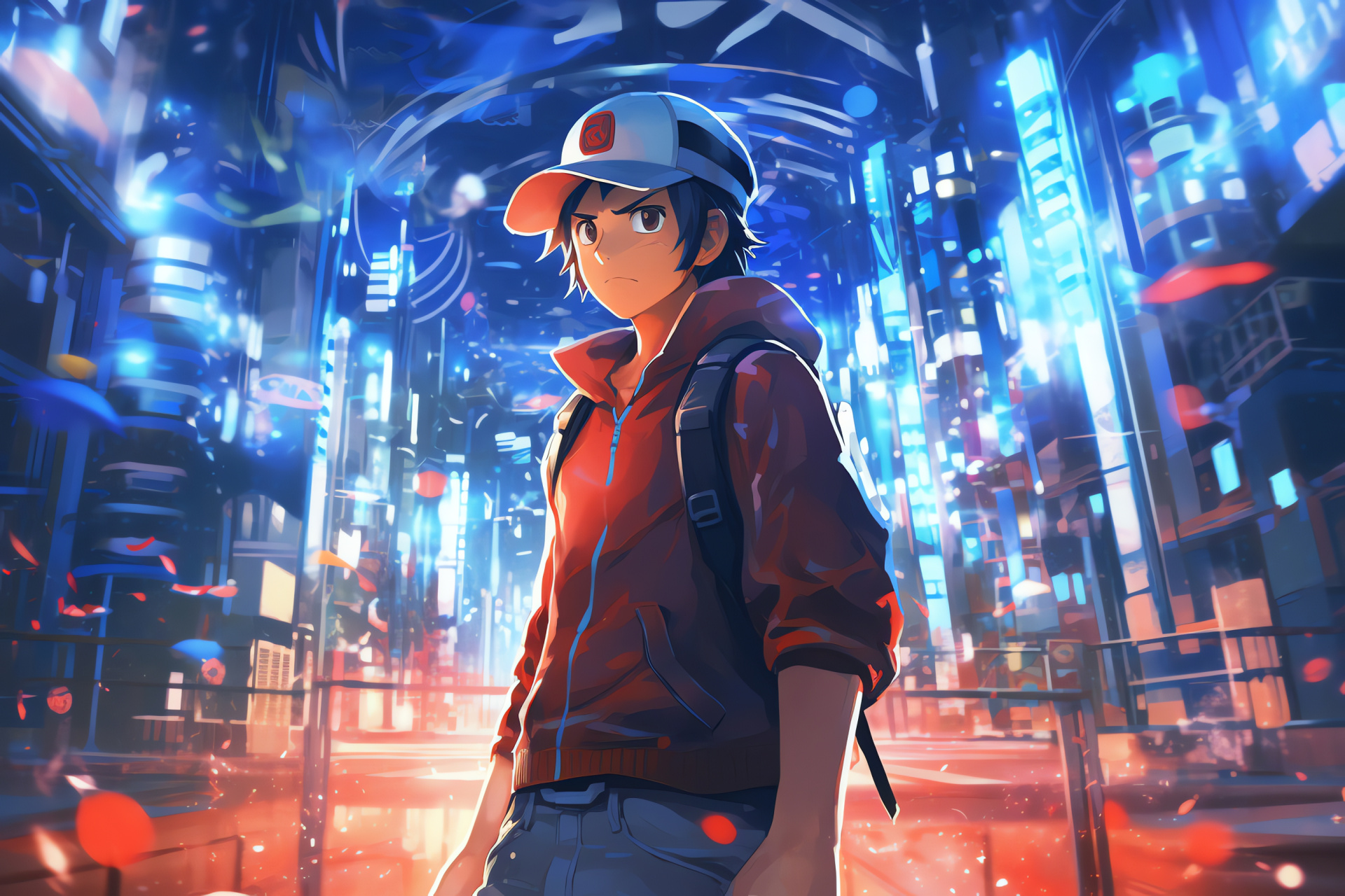 Ash Ketchum, Pokemon protagonist, Kalos region, Competitive scene, Illuminated city, HD Desktop Image