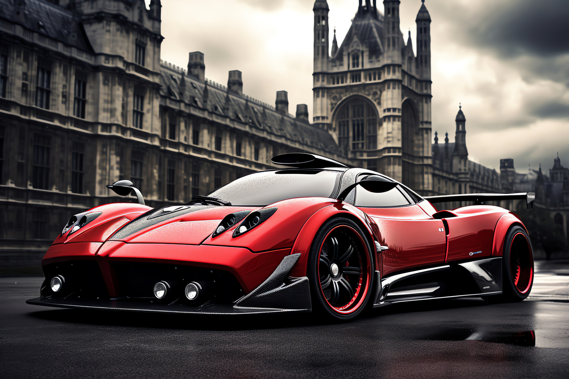 Pagani Zonda F, London landmarks, British architecture, automotive design, luxury sports car, HD Desktop Image