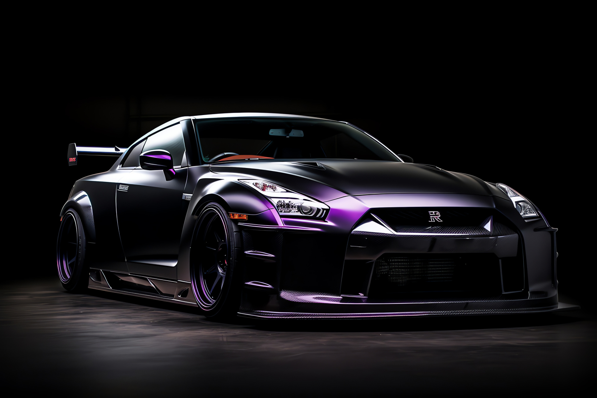 Rocket Bunny modification, Nissan GT-R sports car, Purple finish, Auto tuning, Black studio, HD Desktop Wallpaper