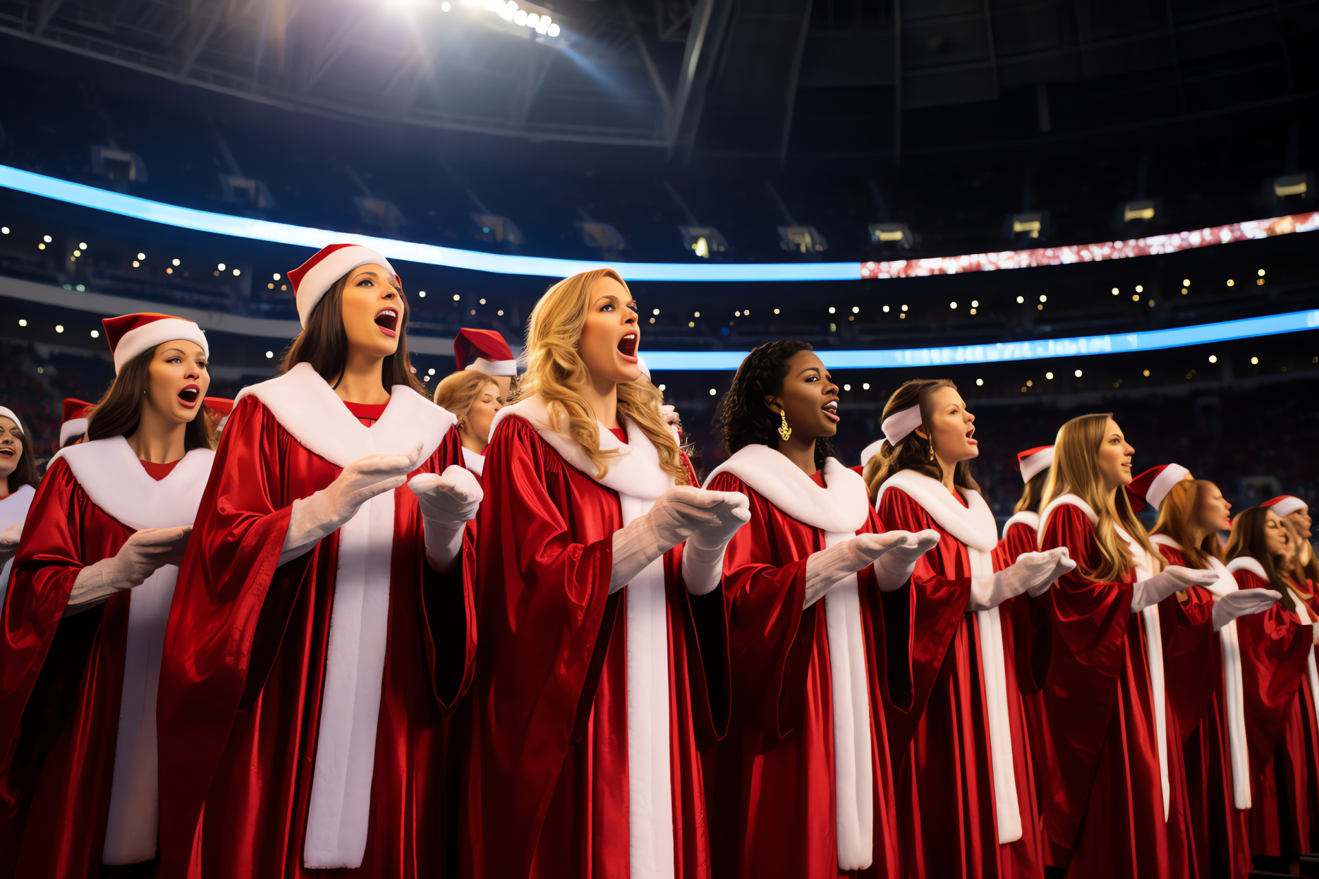 Football-themed choir, seasonal songs, sports venue, festive garments, harmonious event, HD Desktop Wallpaper