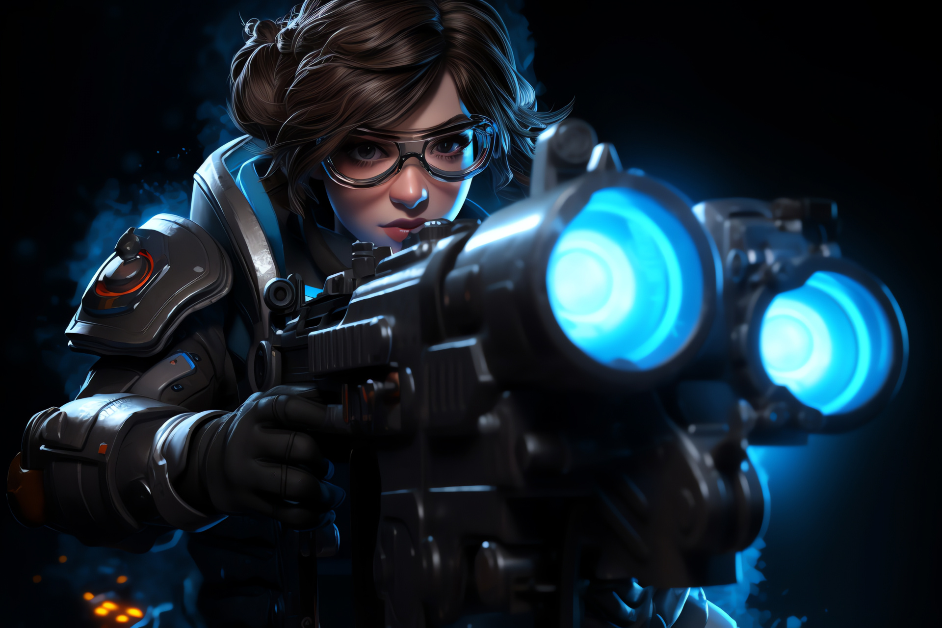 Overwatch Mei's mystery pose, engaging gamer environment, signature weapon capture, shadowy character allure, HD Desktop Image