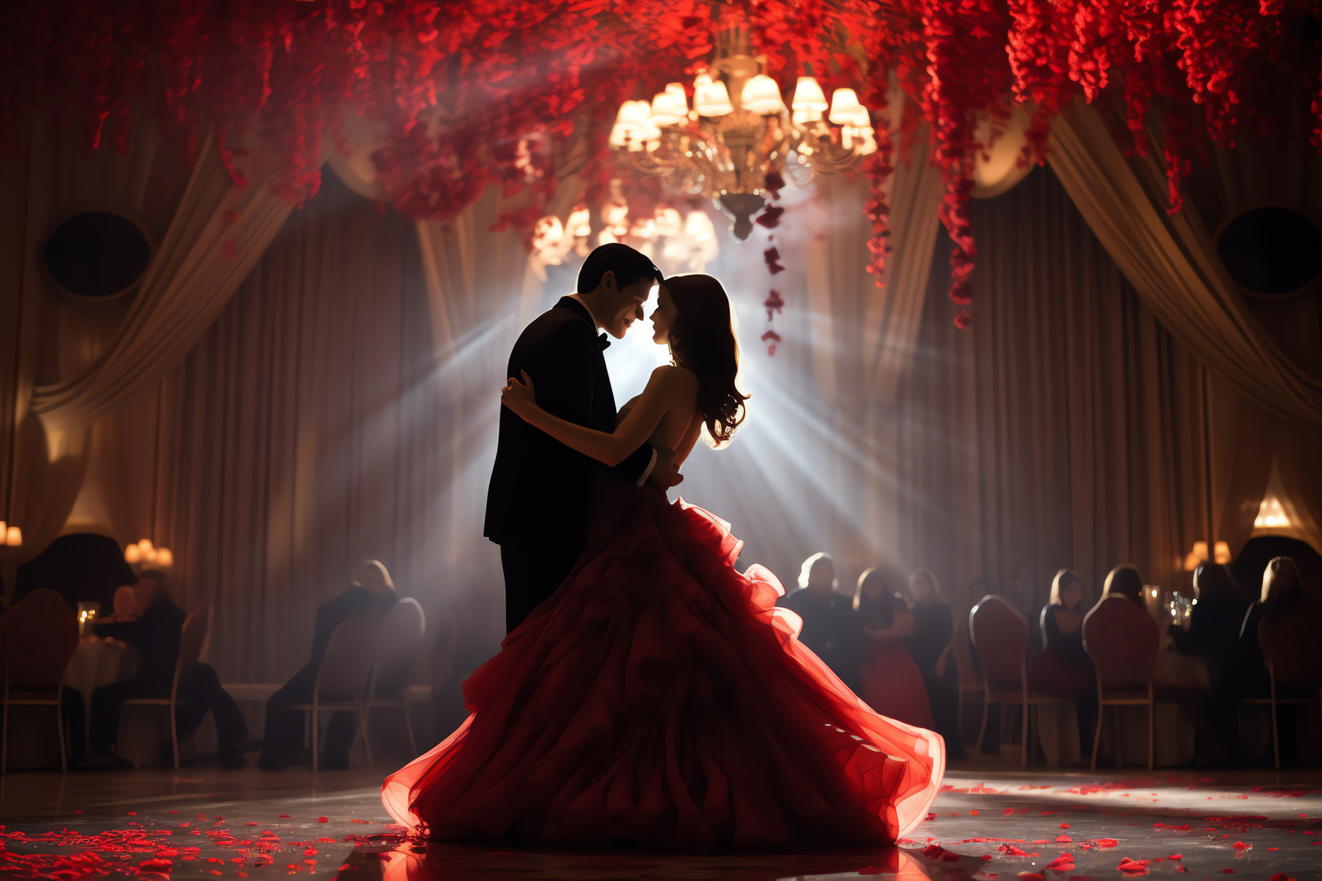 Day of hearts, dance hall, lavish festoons, light fixtures, botanic sprays, HD Desktop Image