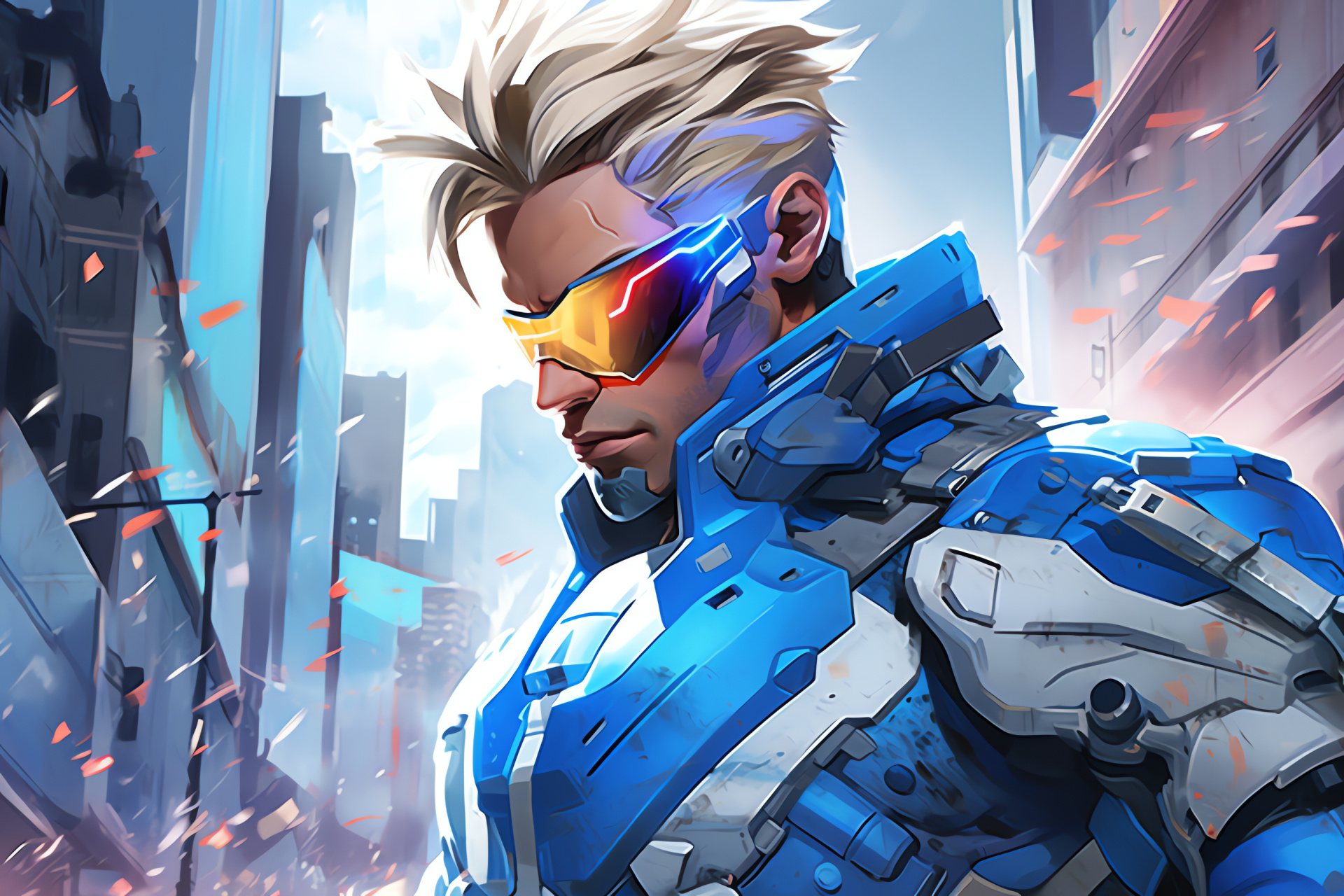 Soldier 76 in Overwatch, Mexican locale, tactical visor, kinetic warfare, cerulean emissions, HD Desktop Image