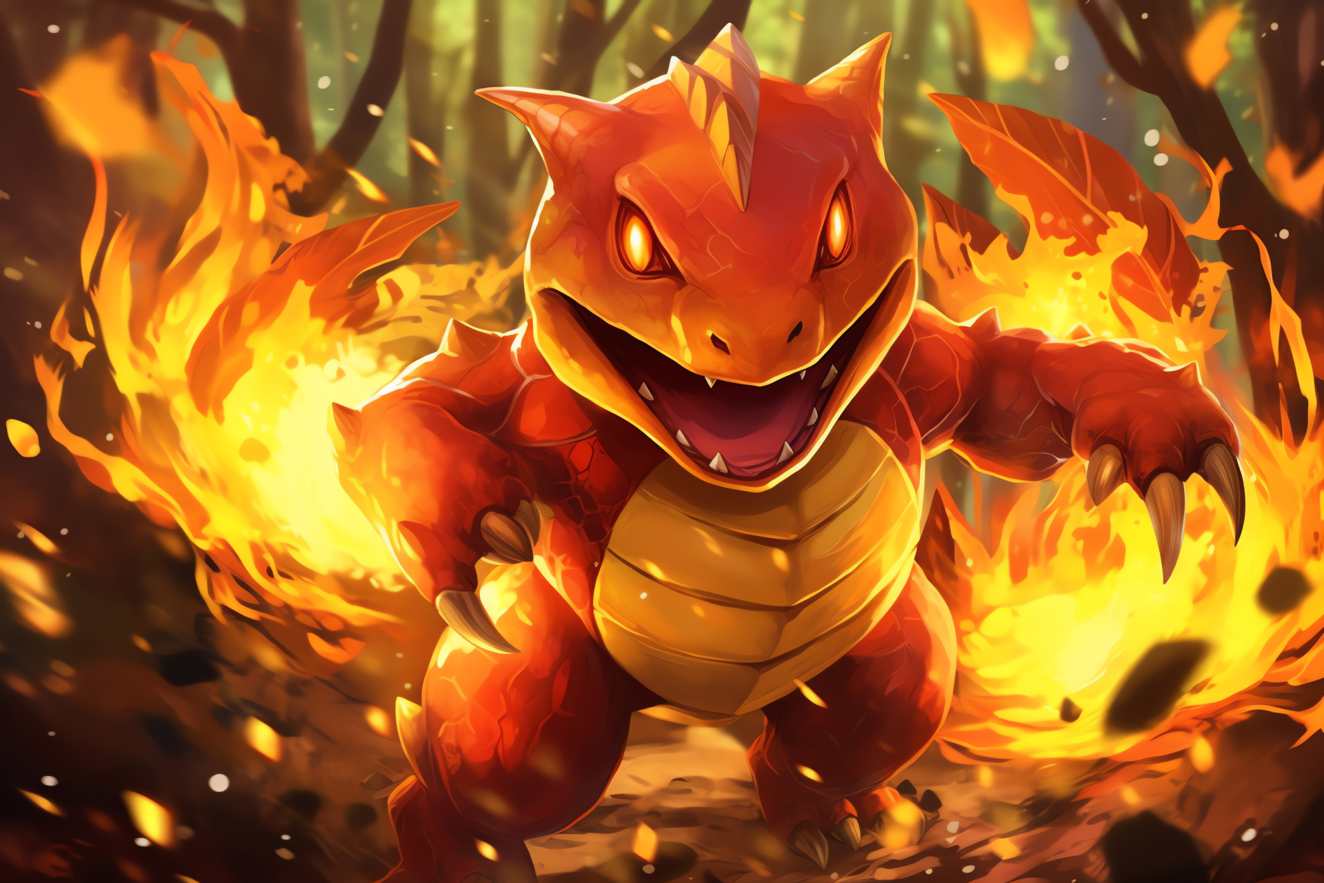 Charmeleon, Wild woodland location, Burning tail visual, Charred landscape elements, Intense inferno move, HD Desktop Image