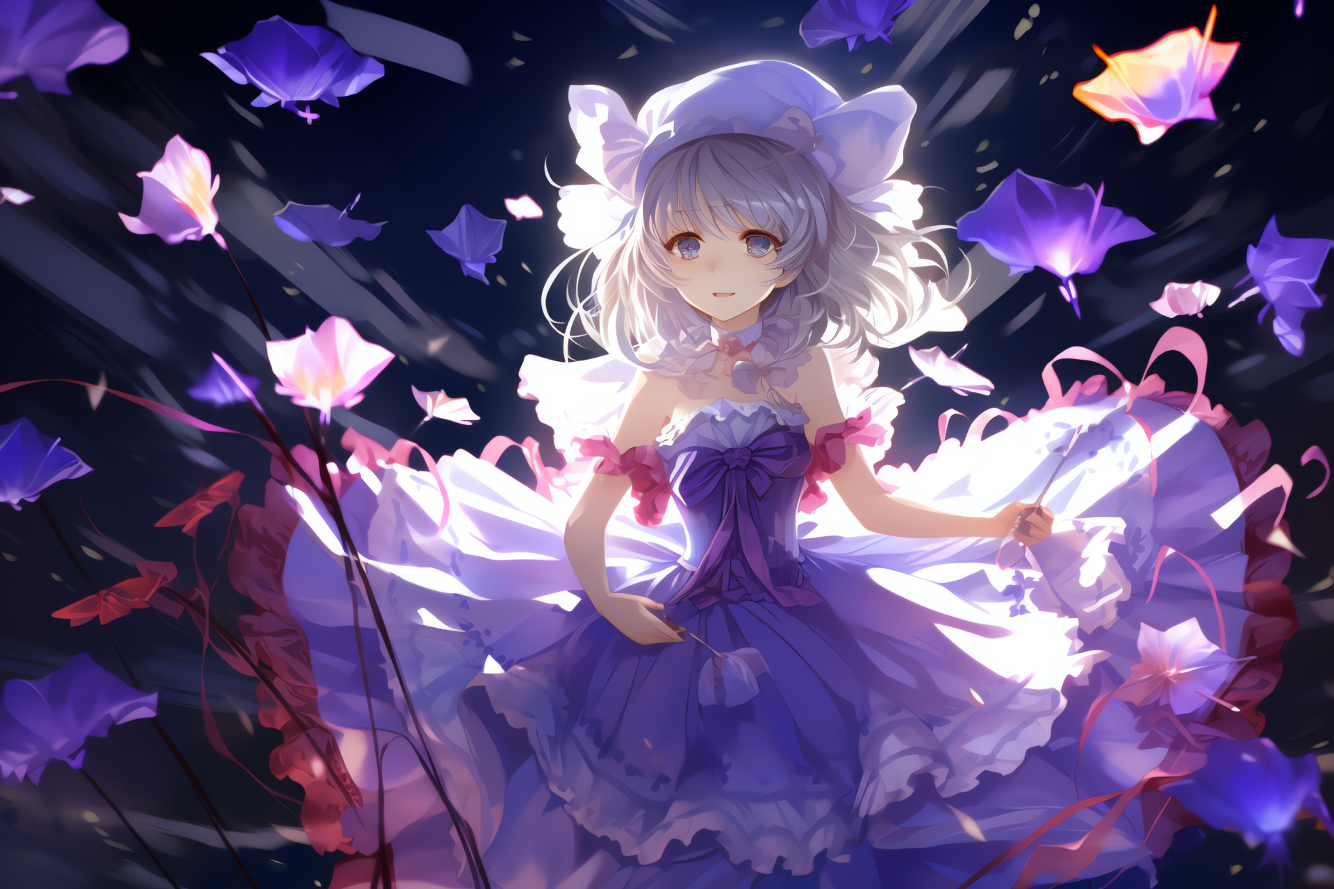 Touhou videogame, Yuyuko Saigyouji, Ghostly princess avatar, Ethereal silver hair, Mystical purple-eyed character, HD Desktop Image