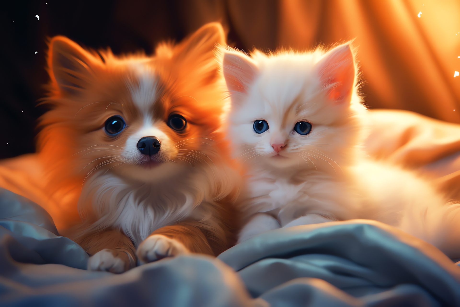 Orange Pomeranian vibrancy, Round-eyed canine appearance, Feline companionship, Orangish white fur texture, HD Desktop Image