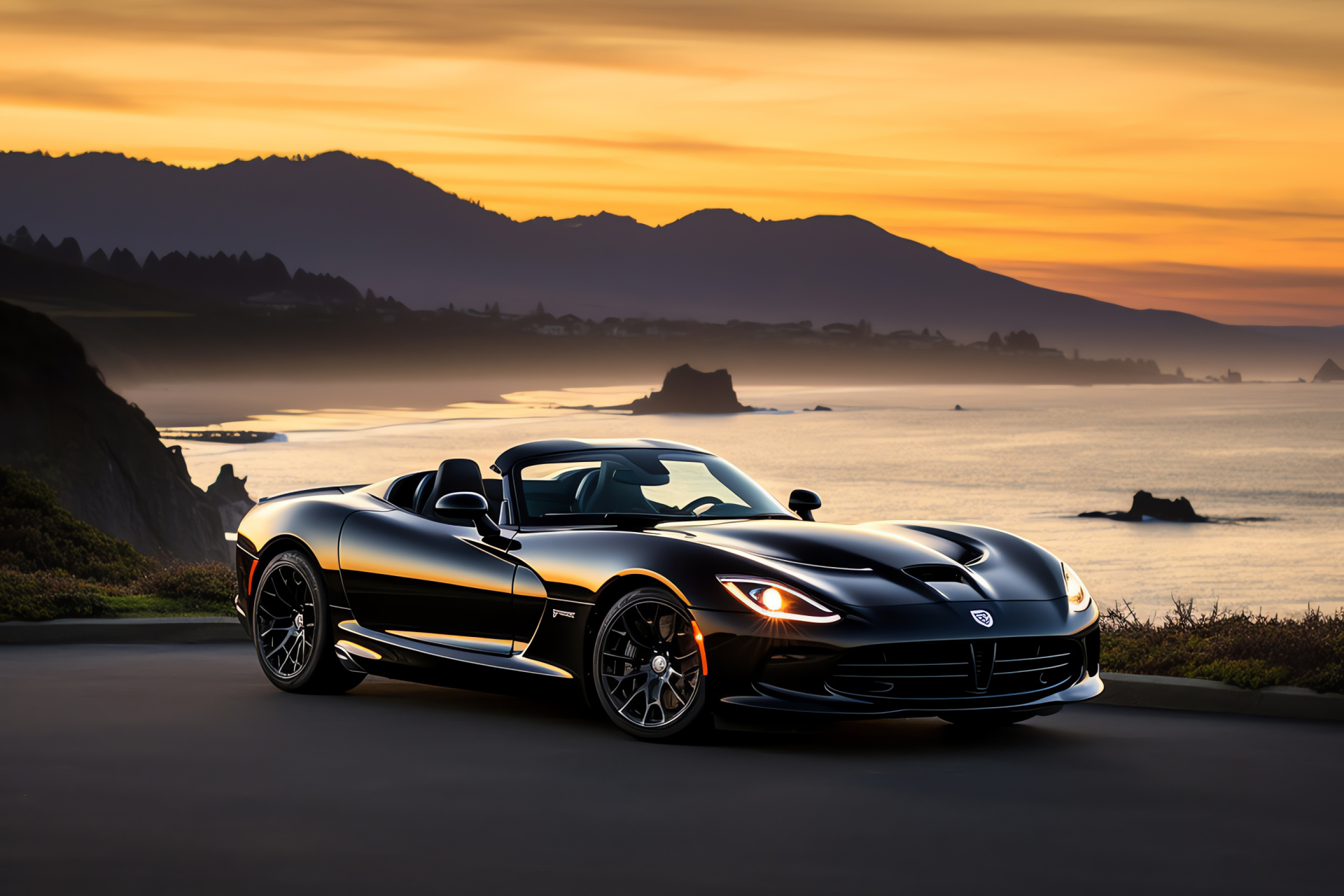 SRT Viper GTS version, PCH cruising, Elegant black styling, Seaside roadway landscape, HD Desktop Image