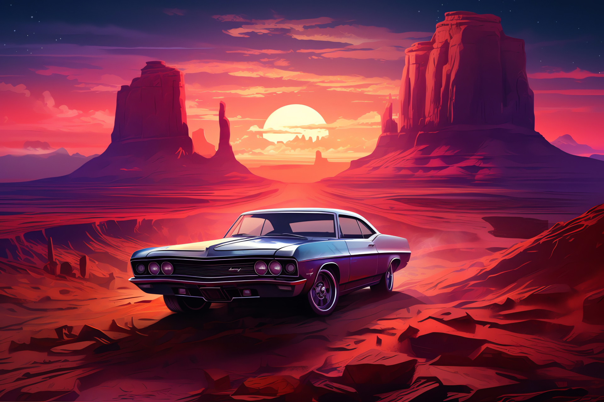 Muscle car perspective, Extraterrestrial vibe, Neon palate, Retro-futuristic style, Car enthusiast, HD Desktop Wallpaper